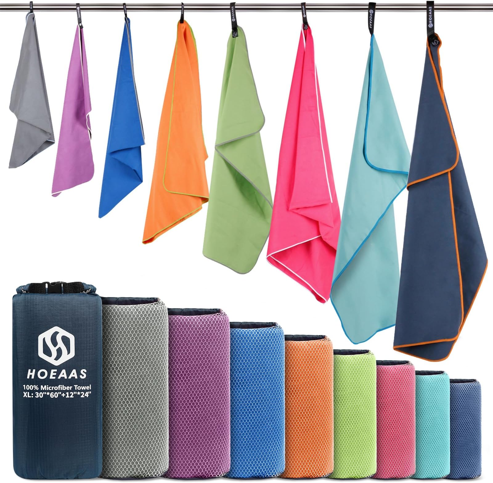 HOEAAS 2 Pack Microfiber Camping Towels, Quick Dry Towel, Super Absorbent Ultra Compact Travel Towel Soft Lightweight Sports Towel for Sweat Fast Drying Towels for Pool,Gym,Hiking,Backpacking,Fitness