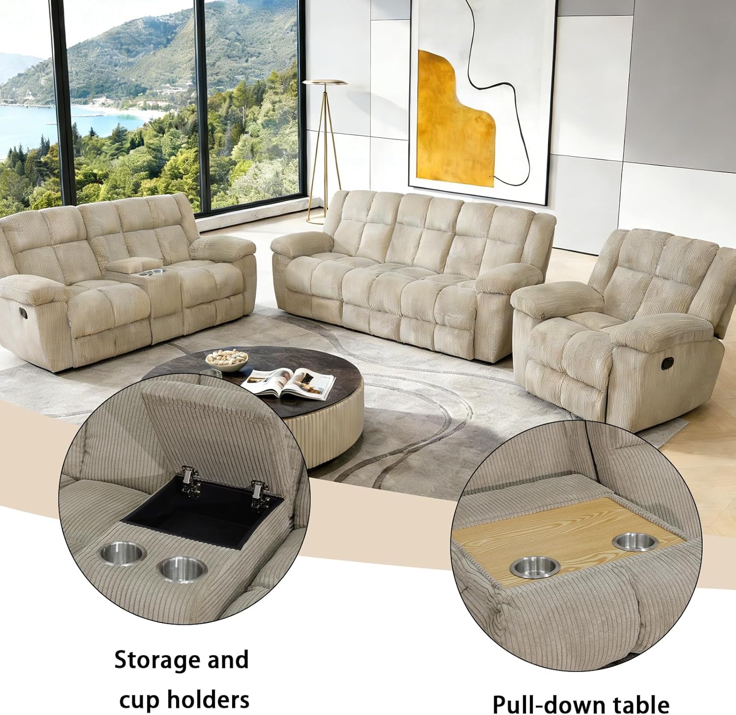 Sectional Recliner Sofa Set with Storage,Corduroy Living Room Furniture Sets,Recliner Couch Set with Cup Holders,Manual Motion,Living Room/House/Office(3-Piece, Chair, Loveseat & Sofa, Beige)