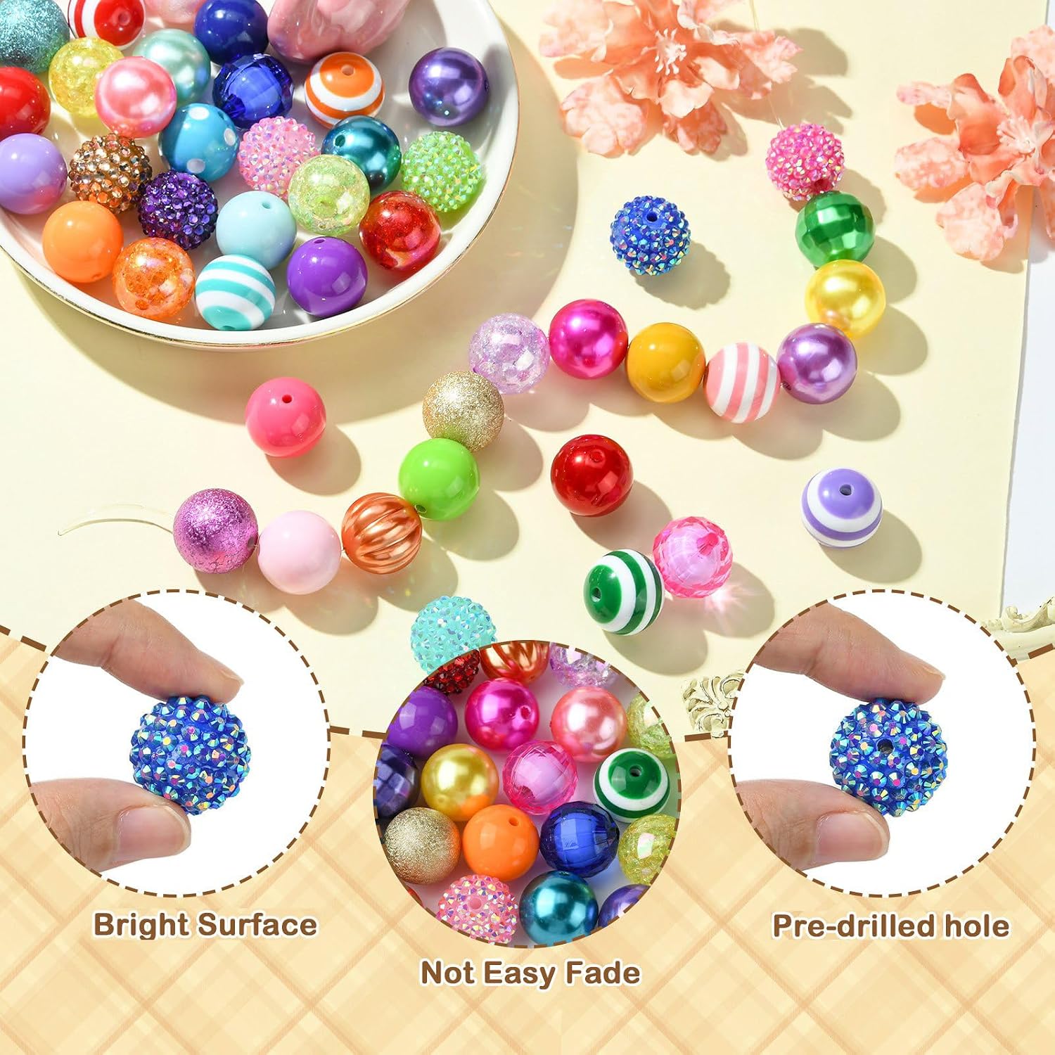 50 pcs Mixed Colors Stripe Round Theme Acrylic Beads Kit Disco Ball Faceted Beads with Wire Lobster Clasps for DIY Jewelry Necklace Bracelet Earring Keychain Craft Decor