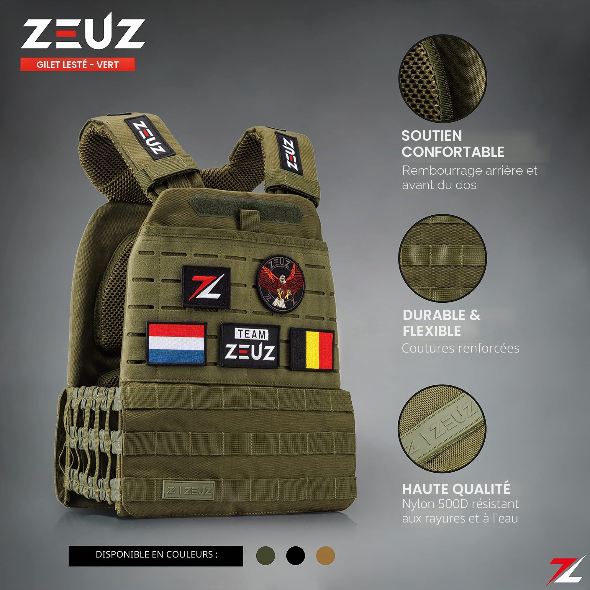 ZEUZ® Veste de musculation Crossfit & Fitness 16,5 KG – Gilet tactique & Gilet d'entraînement - Réglable en poids – 19 Stands - Vert