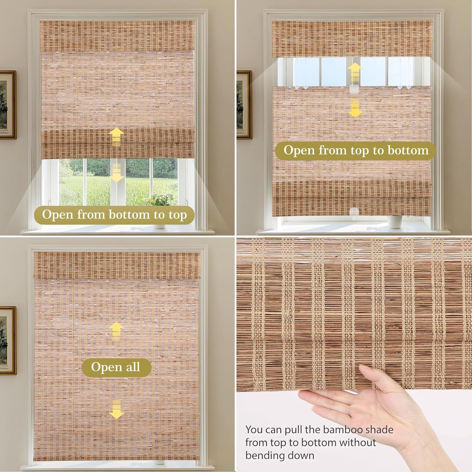 LETAU No Drill Roman Shades|Natural Ramie Bamboo|Top Down Bottom Up Cordless|Cordless Roman Shades for Windows and Doors,Brown