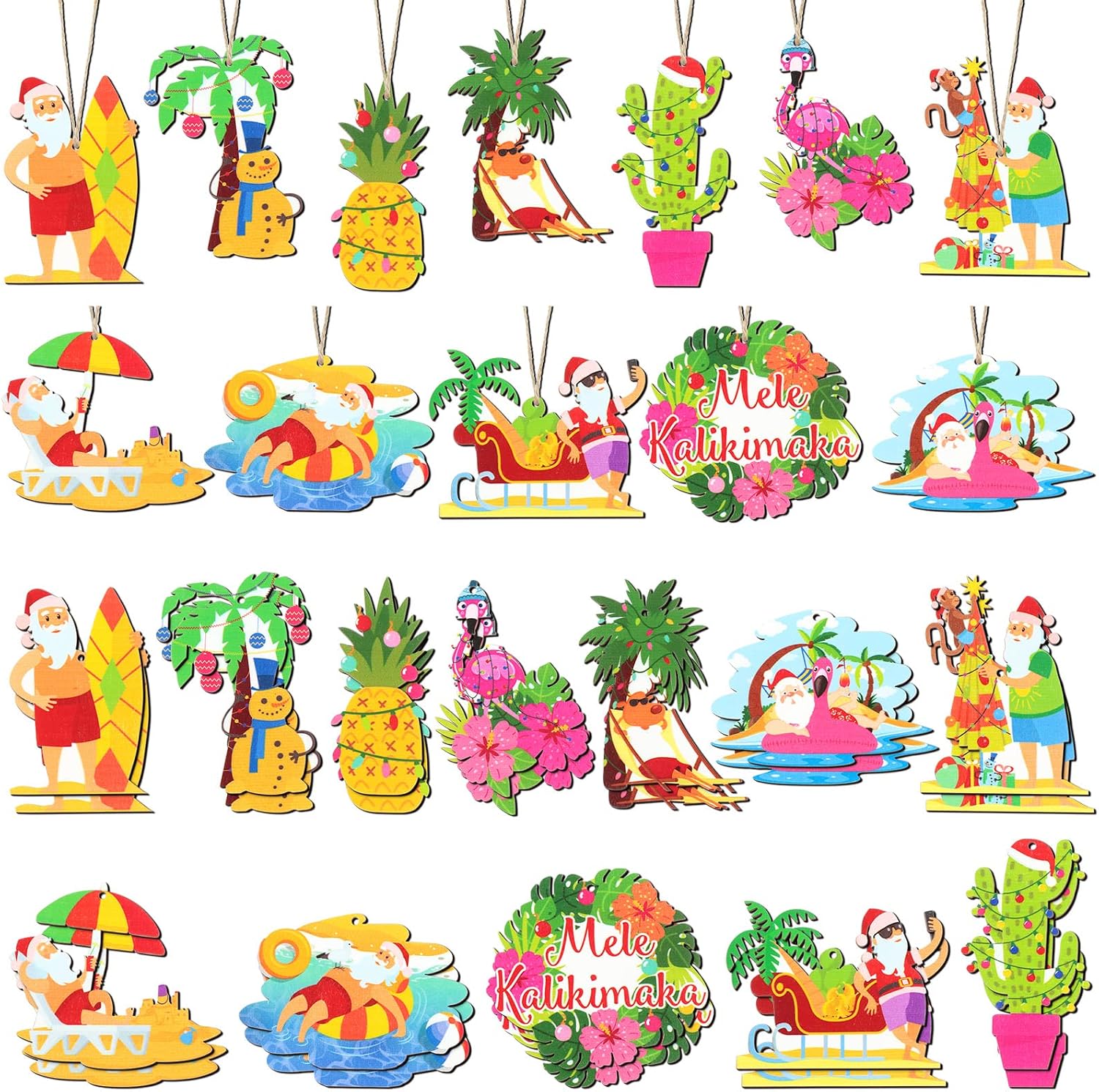 FairySandy 36 Pcs Christmas in July Hanging Ornaments Summer Tropical Hawaii Christmas Santa Beach Decorations Mele Kalikimaka Hanging Ornaments for Summer Xmas Party Decorations
