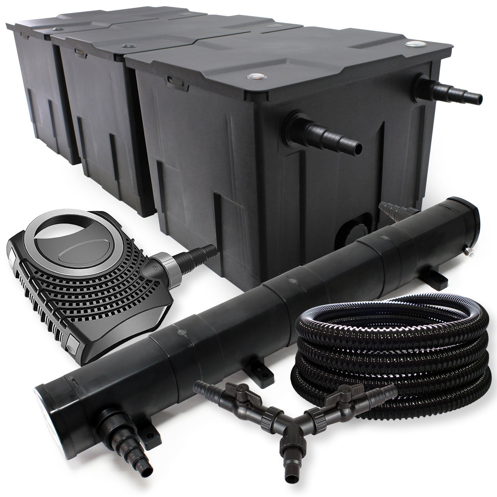 SunSun Kit complet: CBF-350C Filtre de bassin jusqu'à 90000 L Biologique, NEO10000 pompe de filtration 10000l/h 80W, CUV-272 lampe uv UVC Clarificateur avec 72W, 25m Tuyau 25 mm, Y-distributeur
