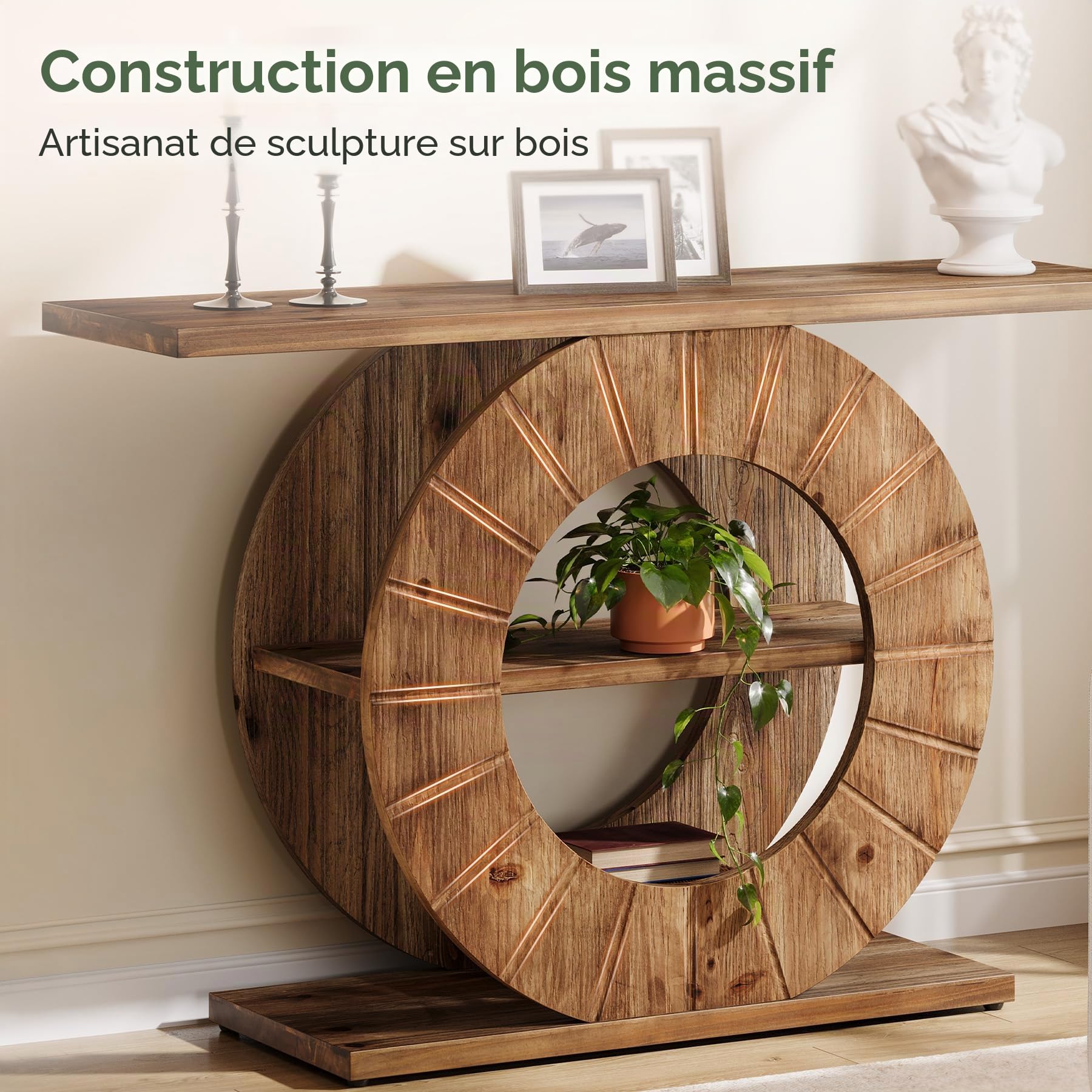 Table Console en Bois Massif 105 cm, Table d’Entrée Rustique à 2 Niveaux avec Rangement, Table Canapé Étroit pour Salon, Couloir & Hall