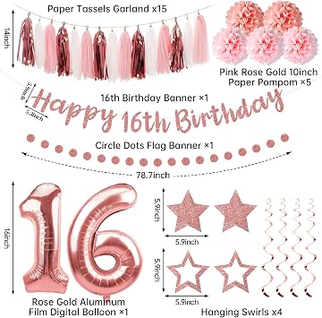 Kuxriox 13Pcs 16th Birthday Decorations for Girls, Pink Rose Gold Happy 16th Birthday Banner and Balloons, Glittery 16 Year Old Bday Tissue Pompoms, Circle Dots Garland, Tassel Garland Party Supplies