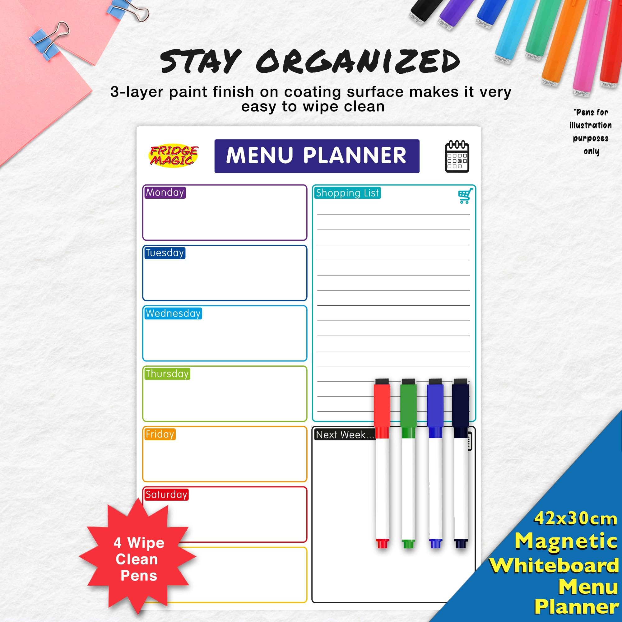 Magnetic Whiteboard for Fridge: Multi-Functional Meal Menu Planner, with Colourful Erasable Pens, W30 x H42 cm - Image 2