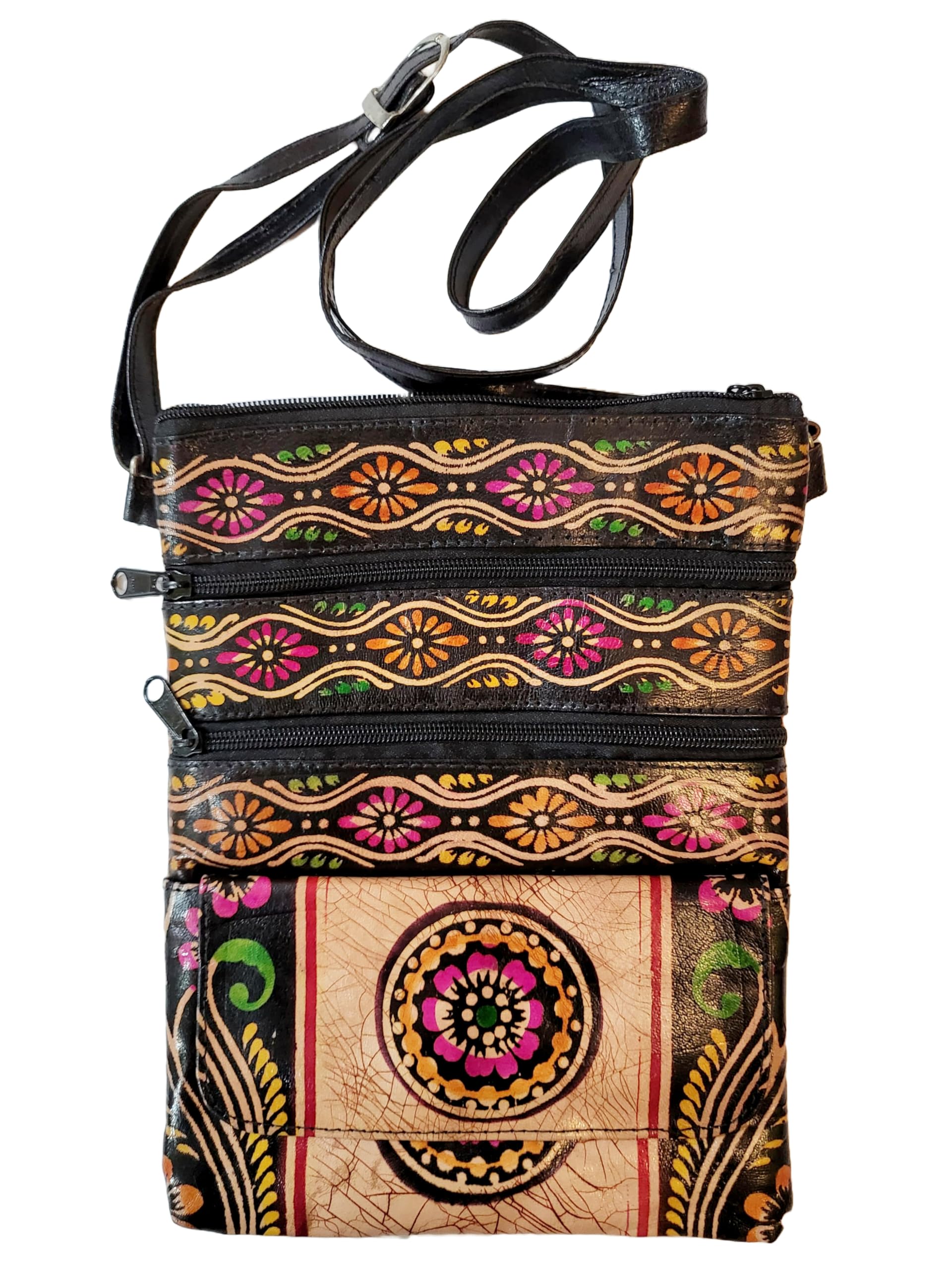 Shantiniketan Pure Leather Womens Purse Crossbody Shoulder Bag Batik Print (Black)-image-44