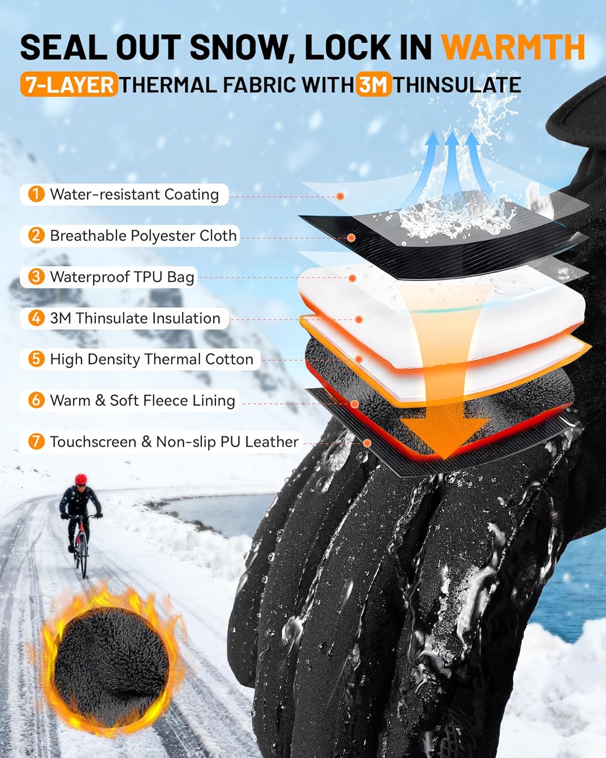 COFIT Winter Thermal Cycling Gloves for Men and Women, Waterproof Windproof Cold Weather Gloves, Touchscreen Ski Gloves for Skiing Cycling Running Exercise Driving - Image 2