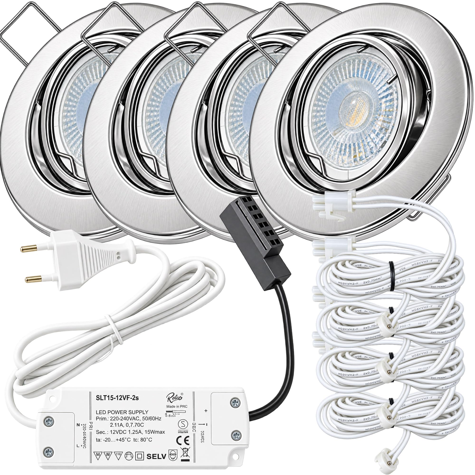 4er Set LED Einbaustrahler Tom 12V 3W - Rahmen in Edelstahl-Optik - 3000K Warmweiß, 250 lm - mit Trafo, Verteiler, 230V Zuleitung und MR16-Fassungen inkl. 120 cm Kabel. Plug & Play.