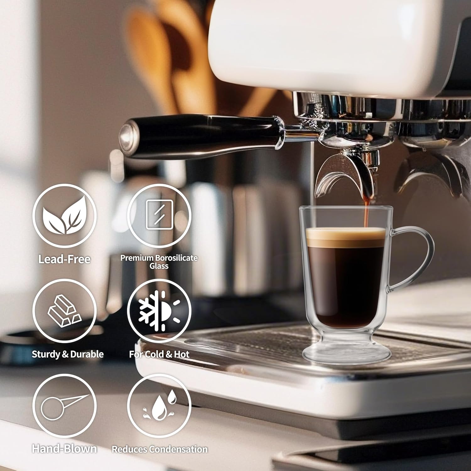 NIRA.Z 12.5 OZ Double Walled Glass Coffee Mugs with Handle Set of 4 Clear Insulated Irish Coffee Cups Hand Blown Glass Cups for Hot Cold Beverages, Cappuccino, Latte, Tea, Espresso, Juice, Americano - Image 5