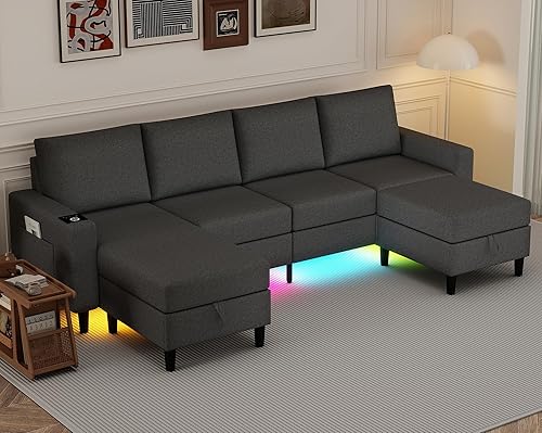 Miniatura 15 de Sofás seccionales para sala de estar, sofá seccional de 4 asientos con módulo inteligente - carga inalámbrica/USB/Type-C/luz RGB, sofá en forma de U