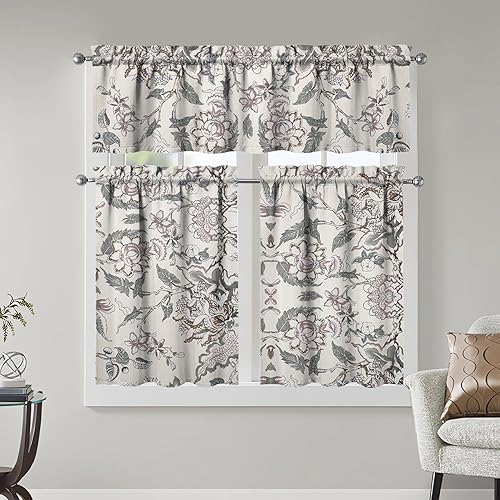Juego de cortinas de cocina para ventanas, diseño de flores retro, cenefa decorativa para lavabo, 3 piezas, color gris, vintage, floral, 3 paneles,