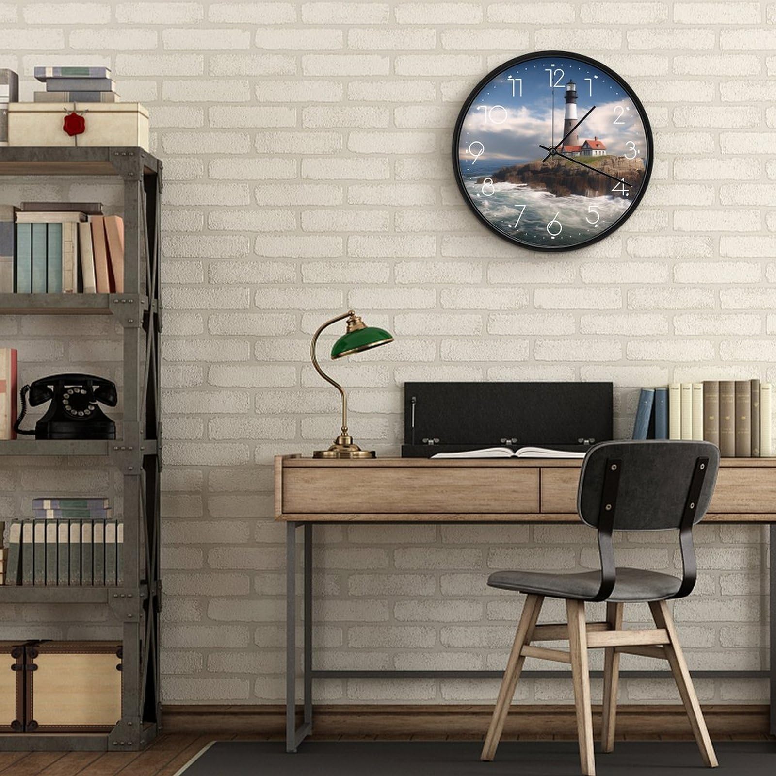 VIDI Horloge murale en forme de phare de mer, horloge murale silencieuse à piles, 25,4 cm, horloge analogique moderne sans tic-tac, décoration pour cuisine, bureau, salle de bain, chambre à coucher