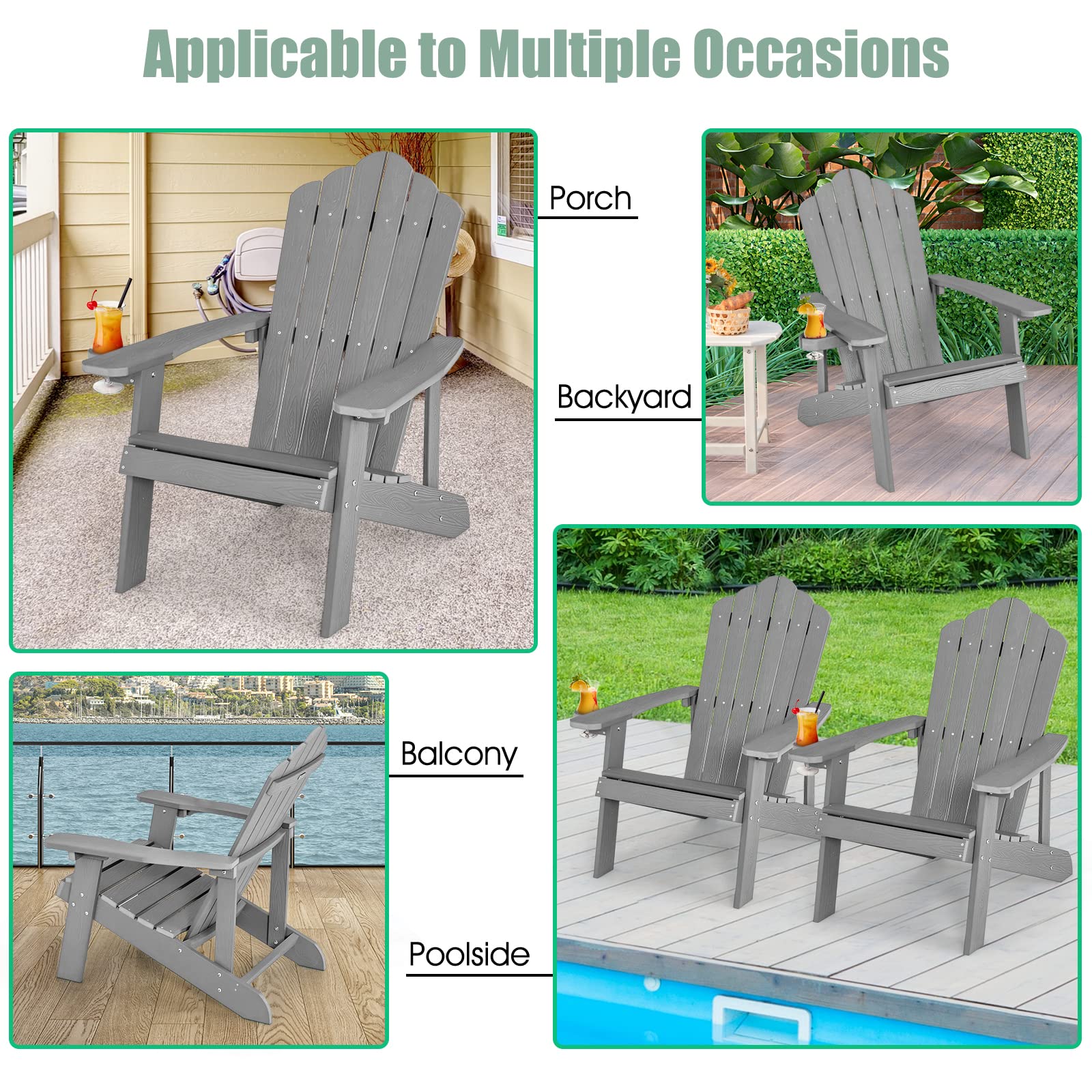 KOMFOTTEU Silla Adirondack de Hips, Sillas de Patio Resistente a Todo Tipo de Clima, Silla para Fogata con Soporte de Tazas para Jardín, Césped, Patio, 77X86X94CM (Gray)