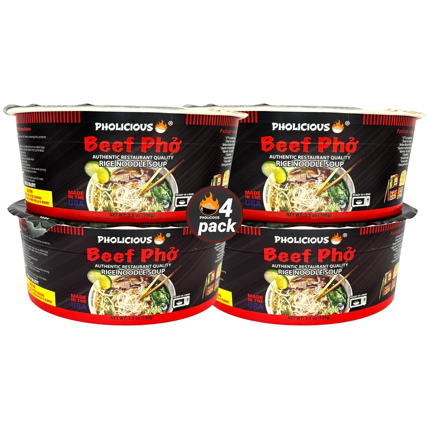 PhoLicious Instant Beef Pho, Authentic Vietnamese Rice Noodle Soup Kit with Spices & Broth Mix, Ramen Noodles Alternative, Quick Microwave Meal - Pho Noodles Bowl - Beef Flavor (4 Pack)