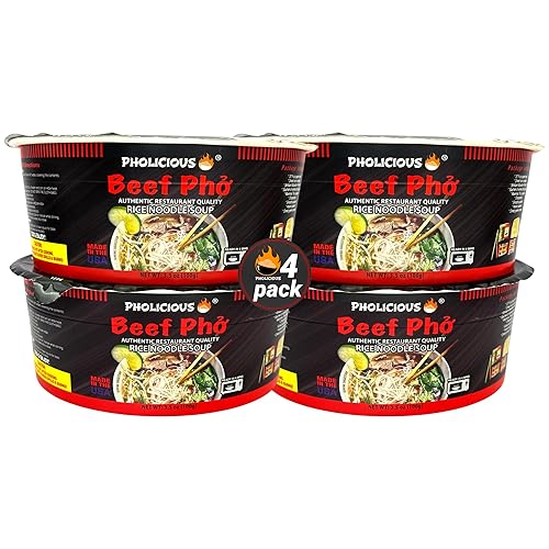 PhoLicious Instant Beef Pho, Authentic Vietnamese Rice Noodle Soup Kit with Spices & Broth Mix, Ramen Noodles Alternative, Quick Microwave Meal - Pho Noodles Bowl - Beef Flavor (4 Pack) - Beef - 3.5 Ounce (Pack of 4)