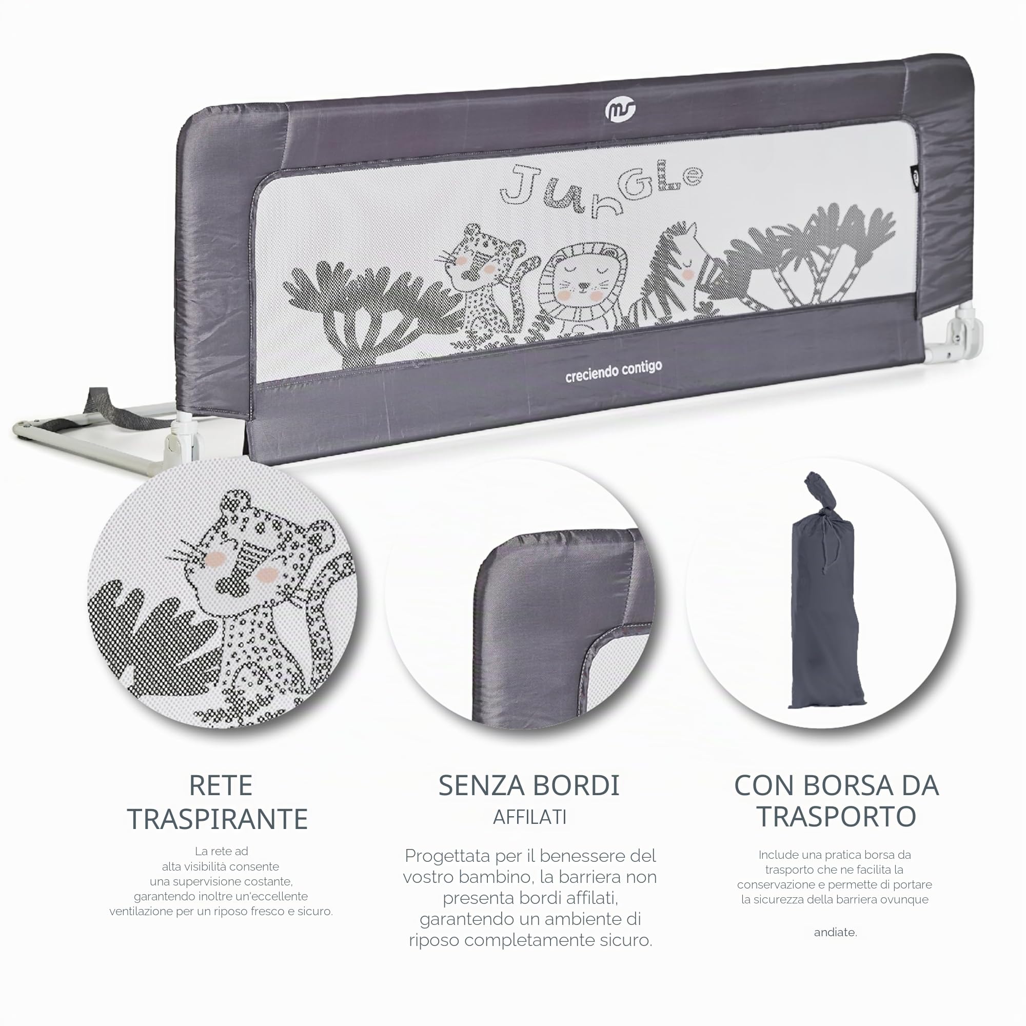 ms Baby World - Balaustra di sicurezza portatile per bambini | Barriera per letto da viaggio | pieghevole e portatile, fissaggio sicuro, 150 cm | Grigio.