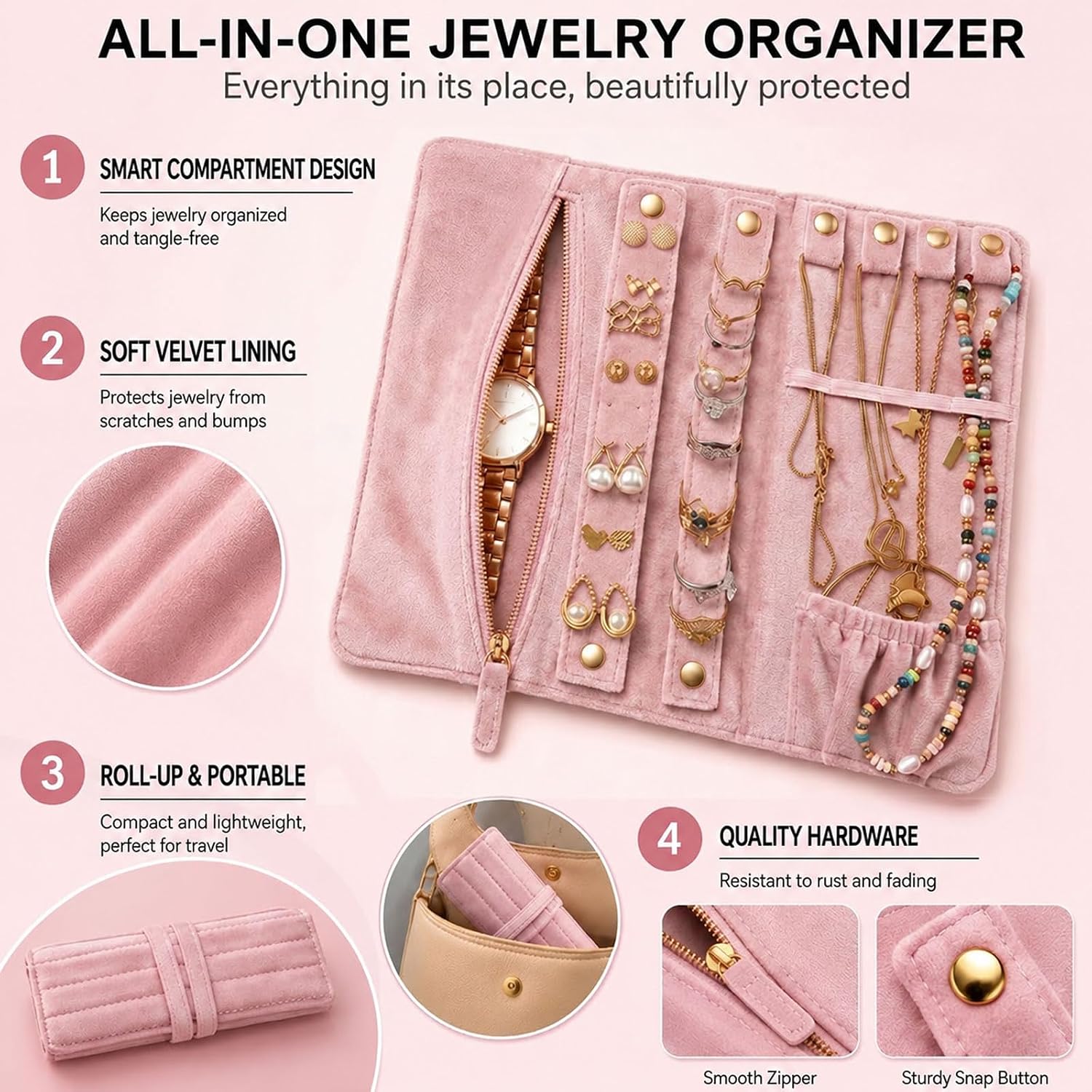 Small Flat Travel Jewelry Organizer: Tangle-free Velvet Jewelry Roll Case