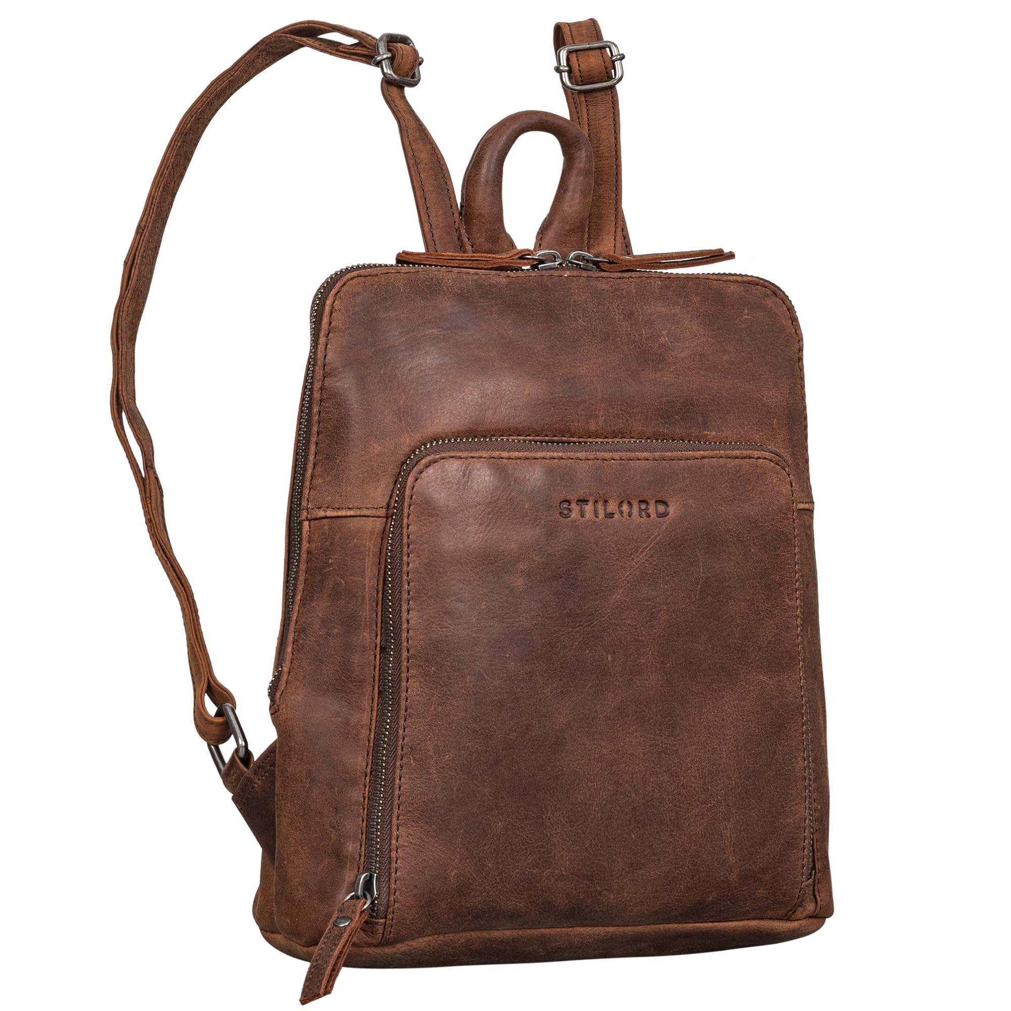 STILORD Sally Vintage Rucksack Damen Leder Klein 10,1 Zoll Tablet Tagesrucksack Echtleder Kleiner Damenrucksack City Daypack Mini Kompakt – Braun/Eichen