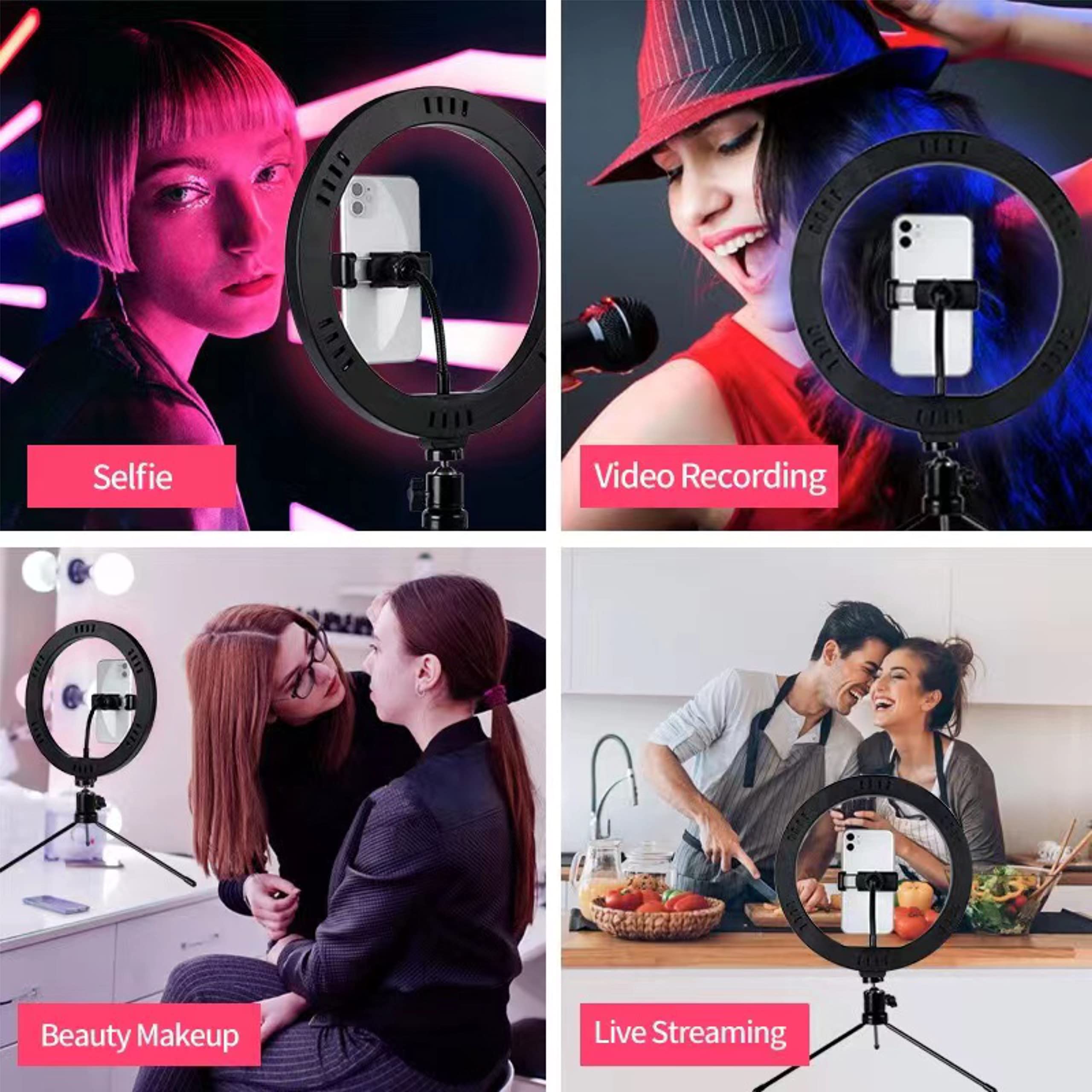 Anneau Lumineux LED,10 Pouces à intensité variable avec trépied et support pour téléphone portable, 8 couleurs / 10 niveaux de luminosité,pour selfie, maquillage, Tik Tok, Live Streaming