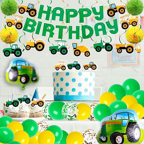 Miniatura 6 de 76 piezas de suministros de fiesta temática de tractor verde con guirnalda de globos de estandarte de tractor, remolinos colgantes y adornos para