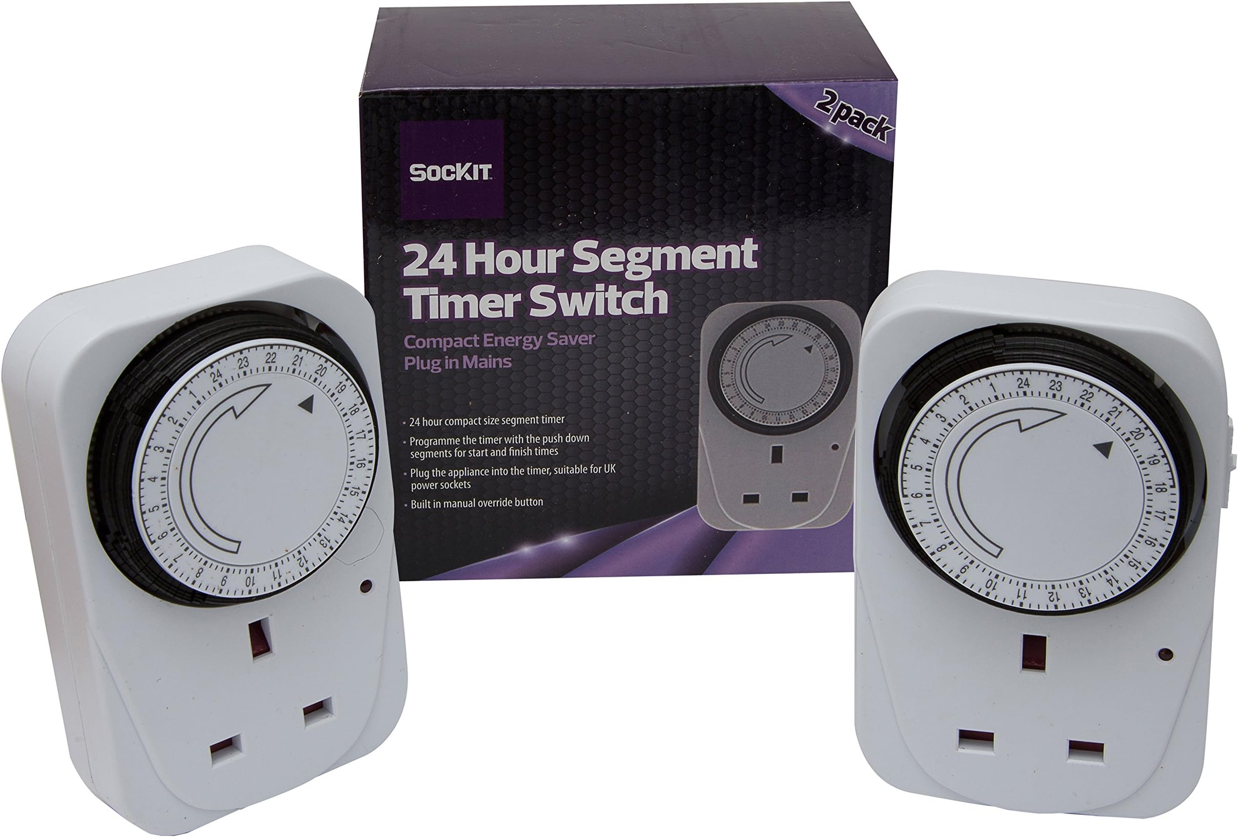 SOCKIT 24 Hour Segment Timer Switch - Compact Energy Saver - Plug in Mains (2 pack)