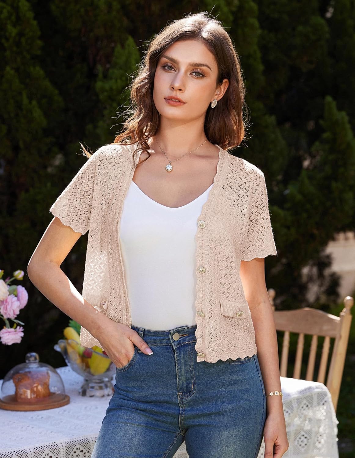 Women's 2026 Cropped Cardigan Short Sleeve Lightweight Crochet Shrug Hollowed-Out Knit Sweater Tops - Image 4