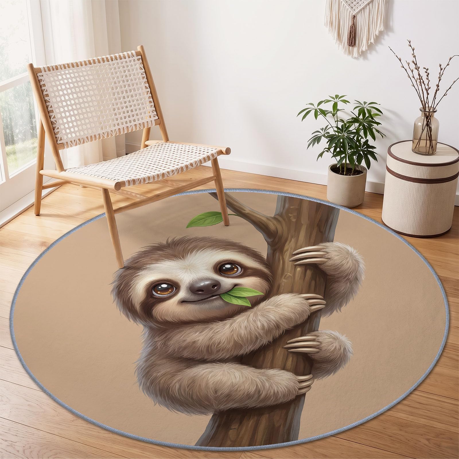 Tiere Faultier Teppich Rund 120 cm Waschbar rutschfest, Beige