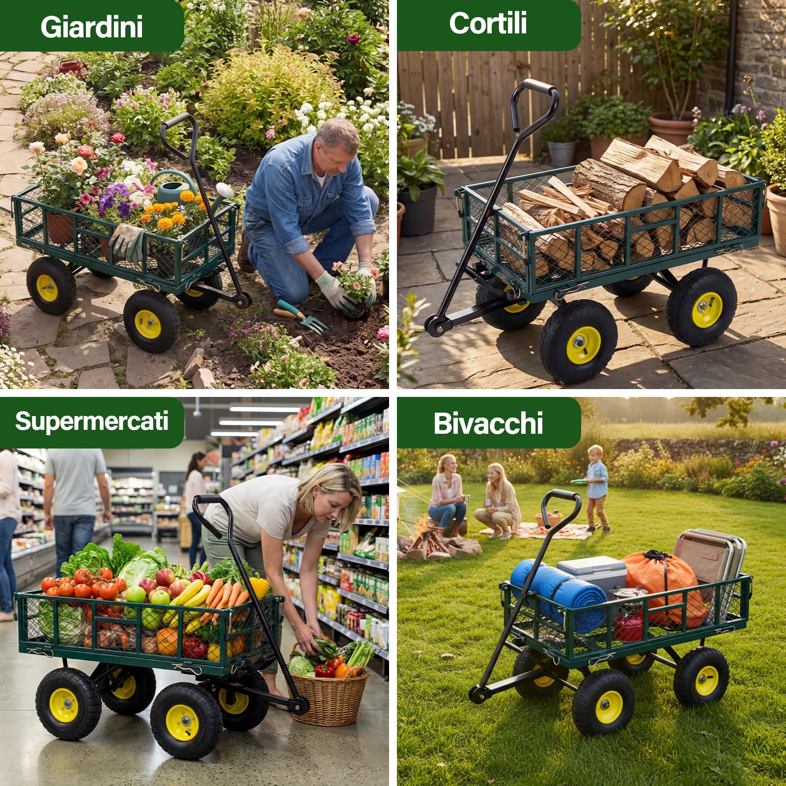 COSTWAY Carrello da Giardino in Metallo, Carretto a Mano con 4 Ruote Pneumatiche, Sponde Rete Rimovibili, Borsa Portaoggetti e Manico Regolabile, Portata 410 kg, per Giardinaggio, Trasporto e Fattoria