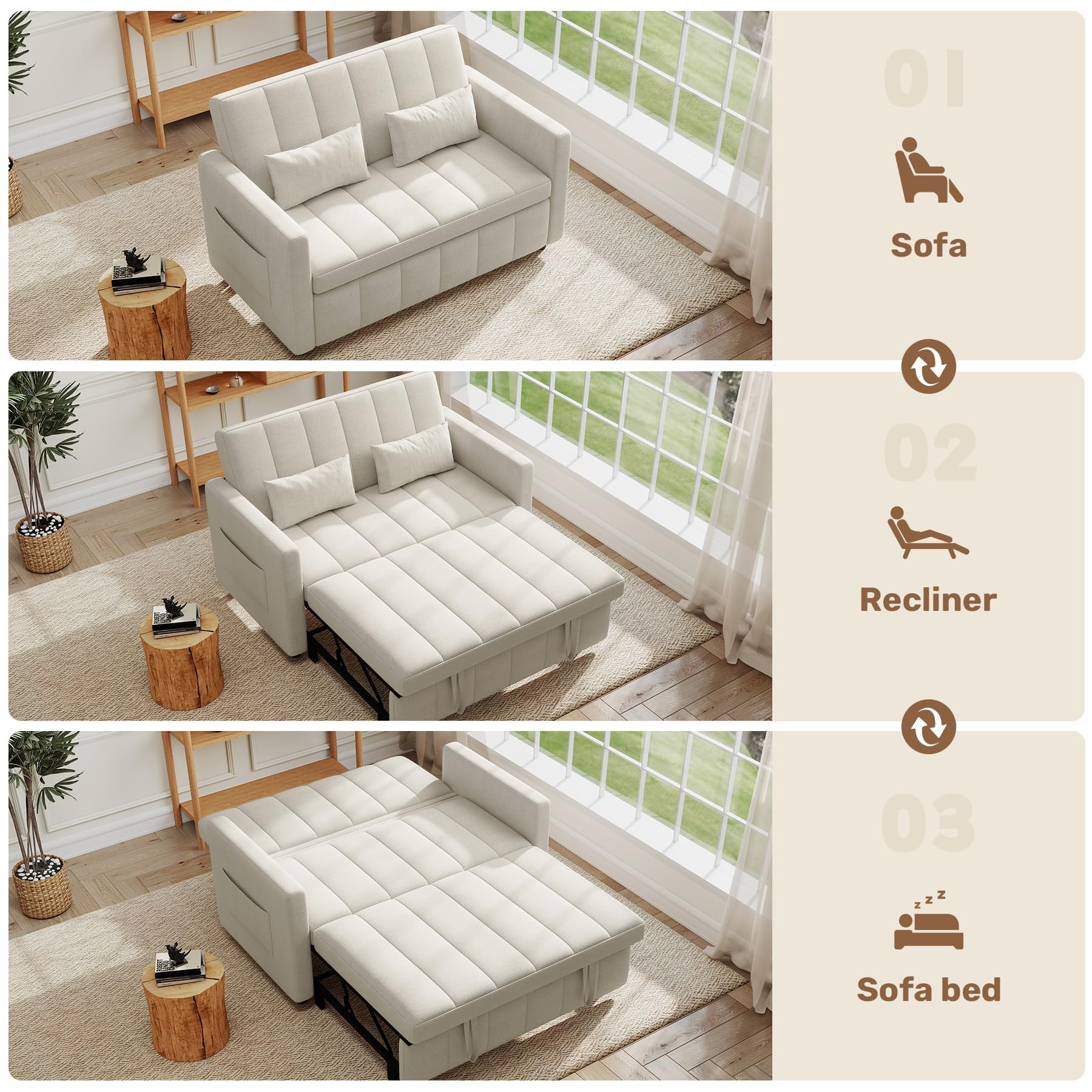 Nebuaegis Sleeper Sofa Bed,3-in-1 Convertible Pull Out Couch with Adjustable Backrest for Living Room,Loveseat Sofa Bed with Side Pockets,Easy Assembly,Beige,1 PCS