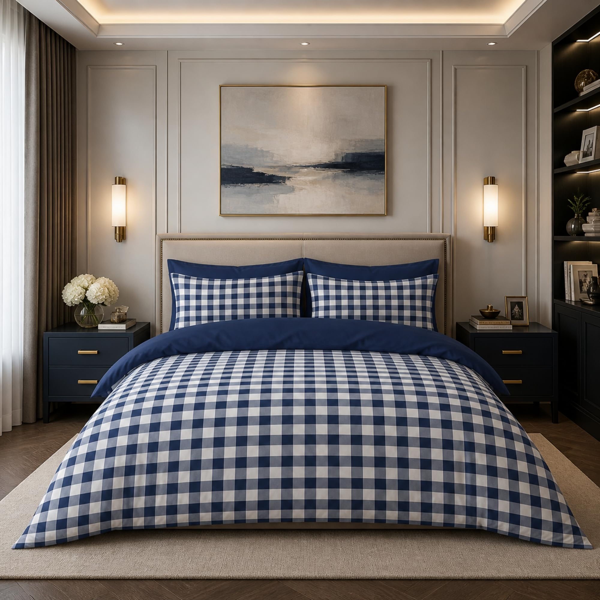 Dolce Vari Gingham Moor Check Microfibre Duvet Cover Set – Reversible Checked Quilt Cover with Matching Pillowcases – Soft, Lightweight Bedding Set – Easy-Care & Durable (BLUE, Double)