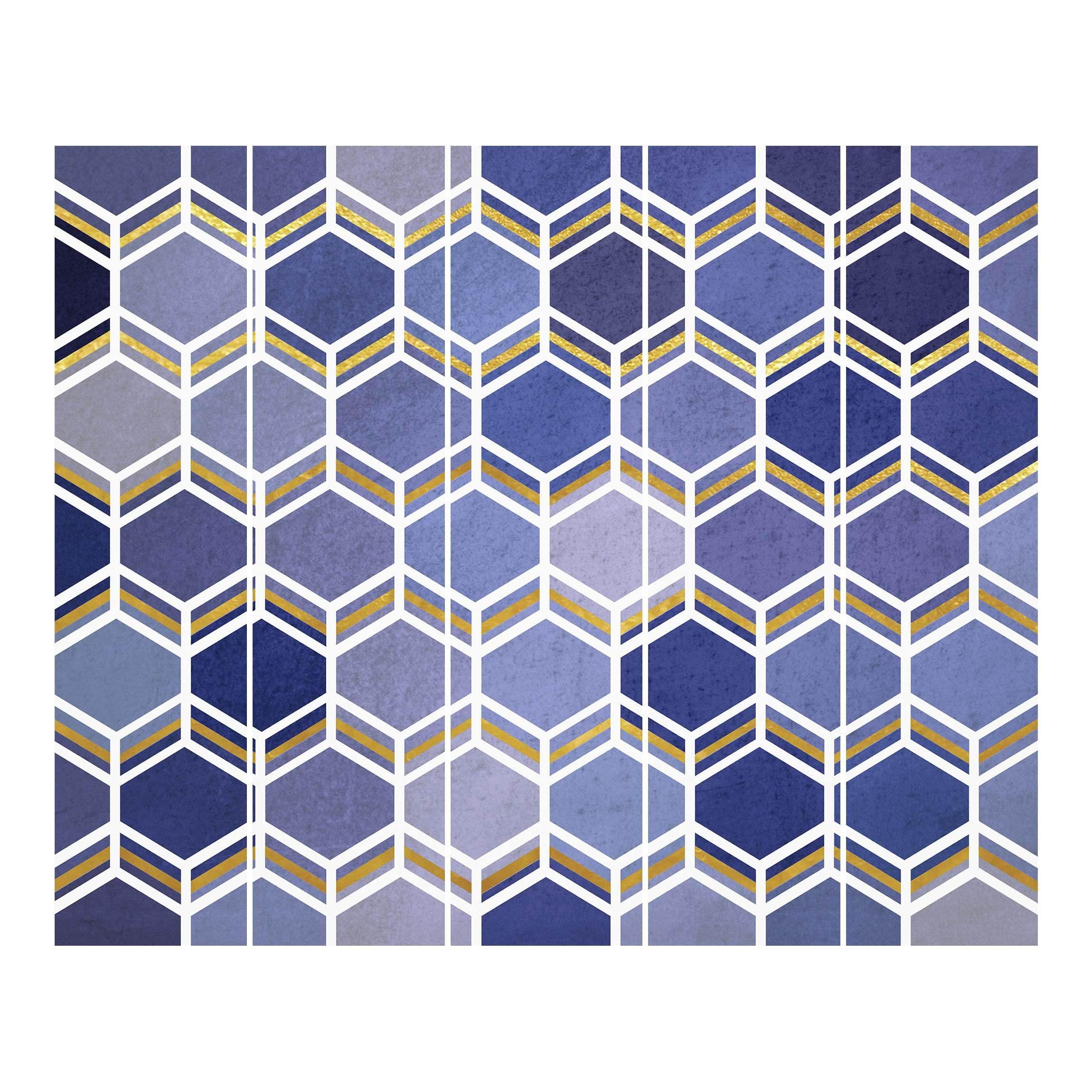 Schiebegardine halbtransparent 60er Paneel Klett Muster Textil lichtdurchlässig - Geometrisch Aquarell Flächenvorhang blau Wohnzimmer Schlafzimmer 2368 (300x250 cm - 5er Set)