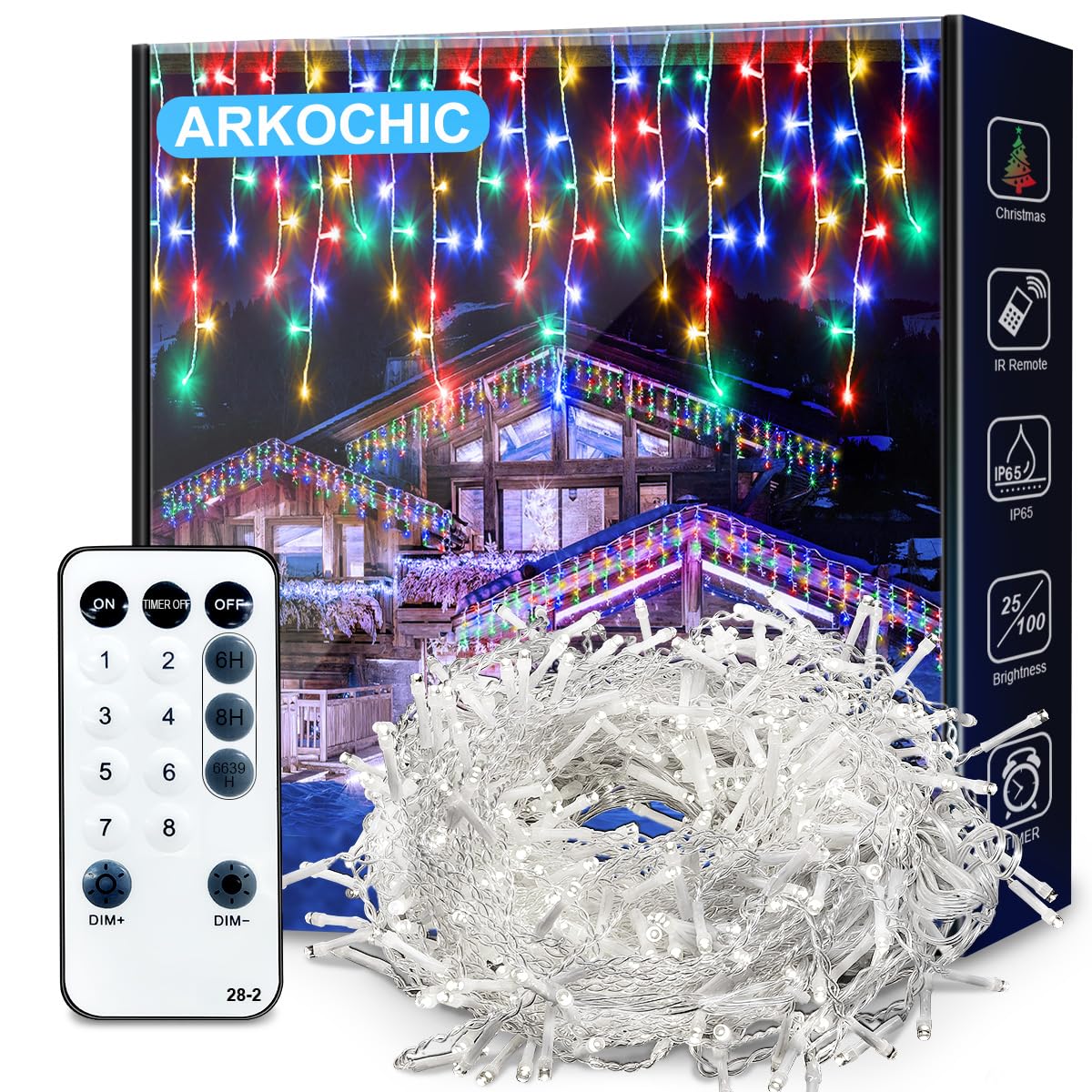 ARKOCHIC 10M Icicle Lights Multicolour Outdoor Christmas Lights, Outdoor String Light with 60 Drops