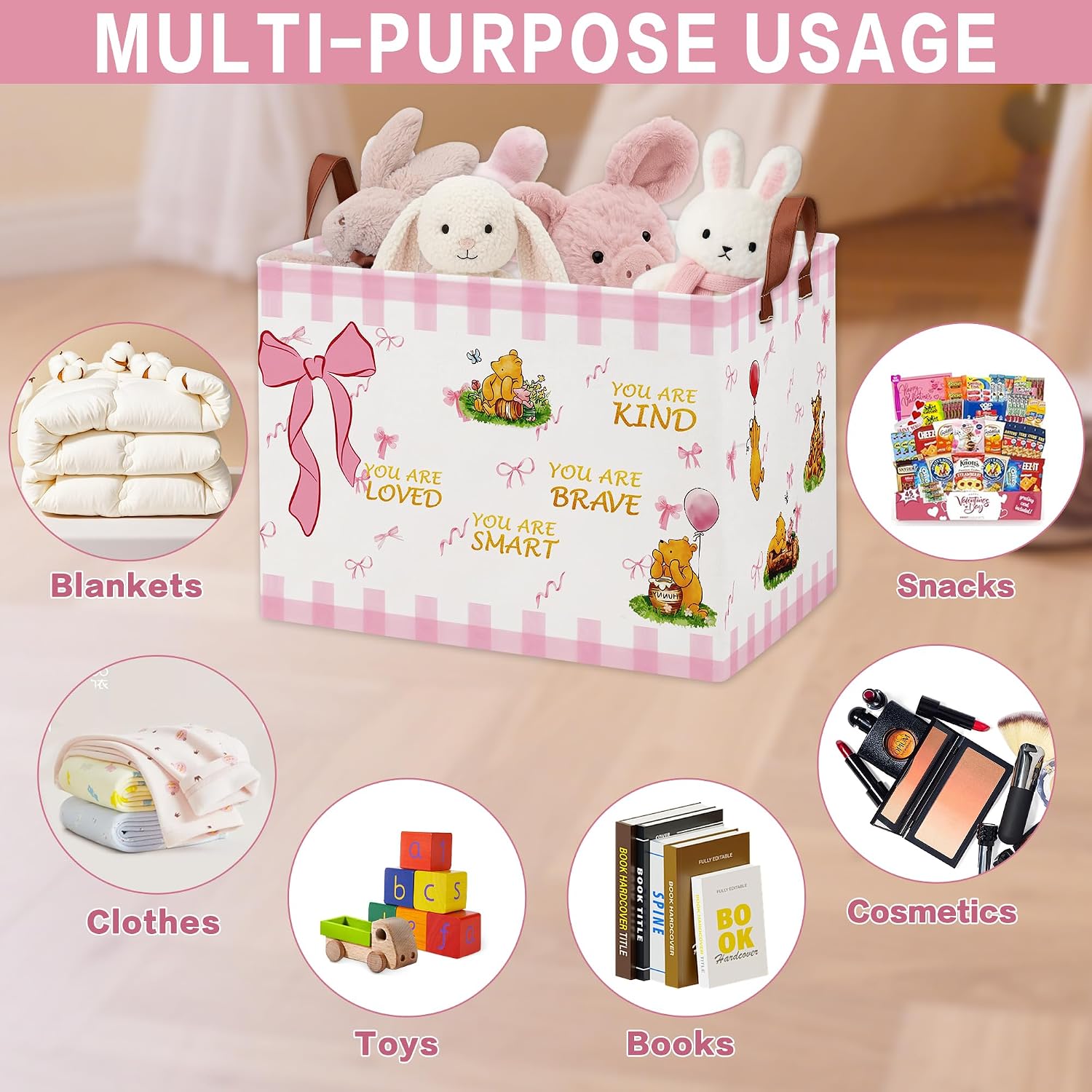 Pink Bow Bear Nursery Decor,Baby Hamper,Foldable Large Bear Laundry Basket,Waterproof PE Coating Storage Basket for Bathrooms,Bedrooms,Store Clothes,Toys