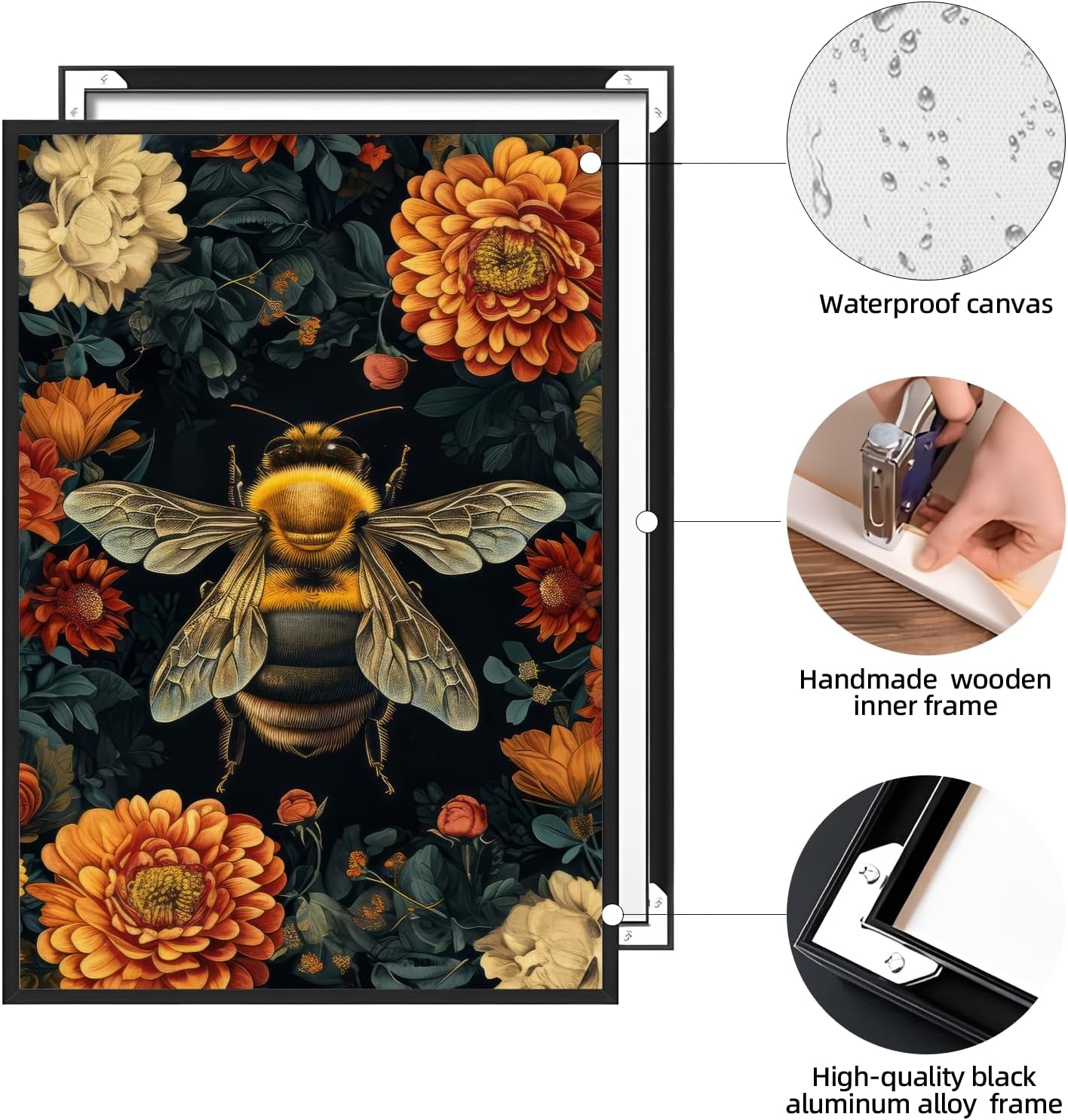 Vintage Floral Bee Wall Art Flower Print Retro Botanical Insect Poster Dark Garden Cottagecore Aesthetic Victorian Canvas Gothic Wall Decor for Rustic Bedroom Home 8x12inch Aluminum Framed
