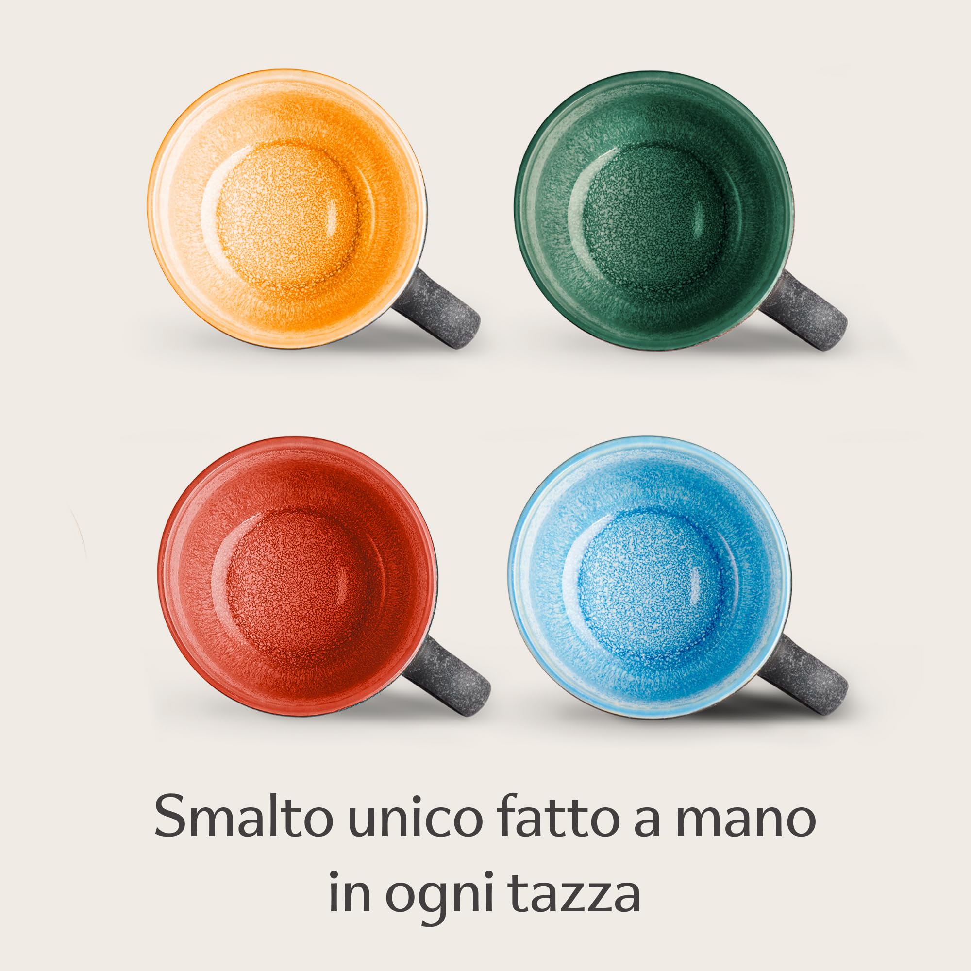 Cosumy Set di 4 Tazze per Cappuccino in Ceramica con Piattini - 200ml - Gres Spesso con Smalto Reattivo Artigianale – Mantiene il Calore a Lungo (Colorato)