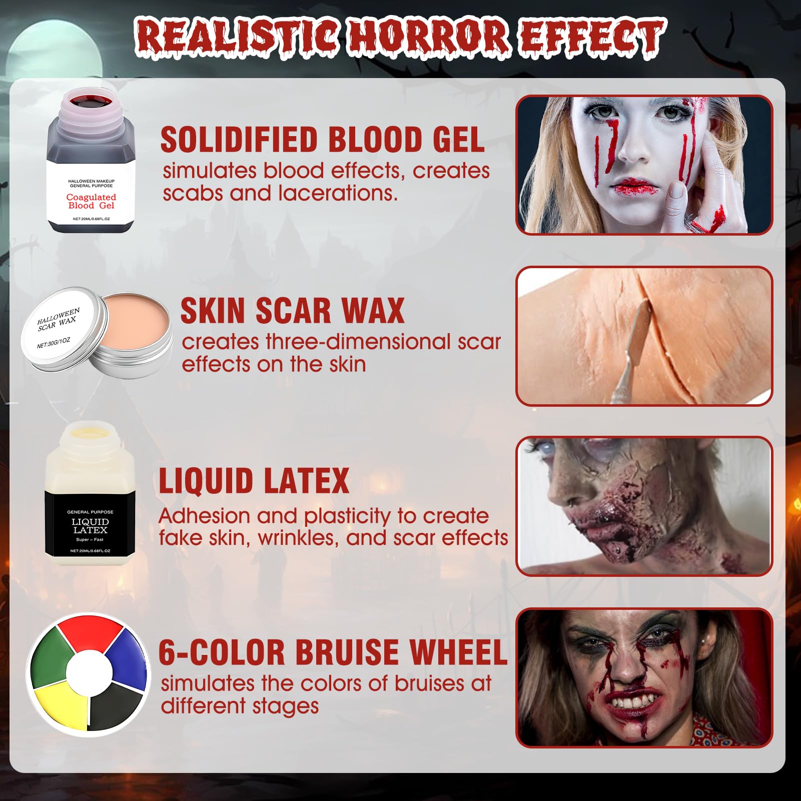 WEILAOK Halloween SFX Makeup Kits, Liquid Latex Makeup SFX, Fale Blood+Liquid Latex+Scar Wax+Six-Bruise Makeup - Image 3
