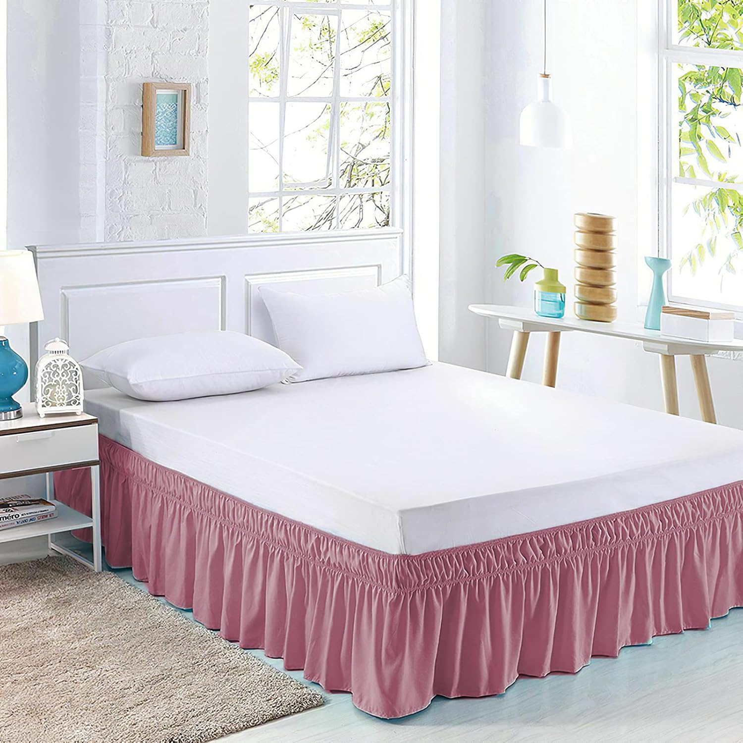 Pink Bed Skirts Wrap Around Bedskirt Dust Ruffle 14 Inch Drop for King Bed for Easy Fitting (78.74x78.74)