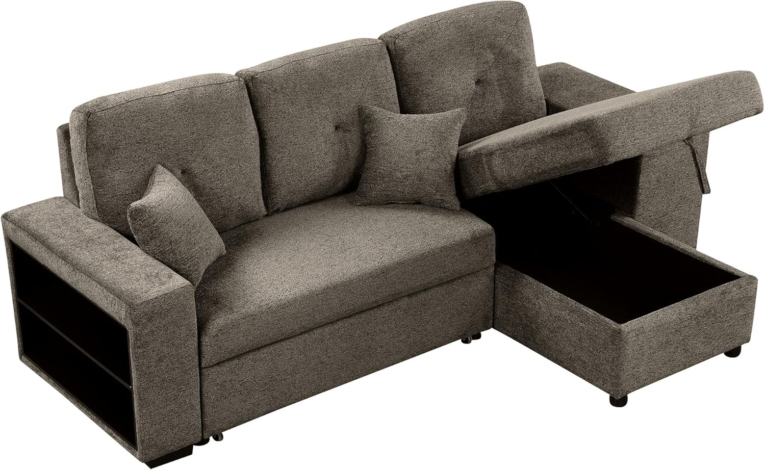 P PURLOVE Sectional Sofa with Pull-Out Sleeper Sofa Bed, Reversible Sectional Sofa with Storage Chaise and 2 Stools, L Shaped Couch Set for Living Room Apartment, Knox Charcoal