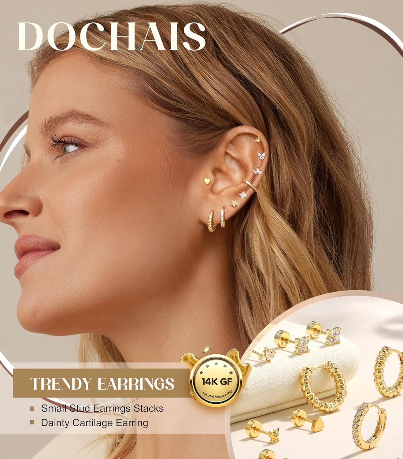 Dochais 14K Gold Plated Surgical Steel Earrings 9 Pairs Flat Back Earrings Small Cartilage Hoop Earring for Women Trendy Hypoallergenic Flatback Stud Stacks for Multiple Piercing Lightweight Jewelry - Image 2