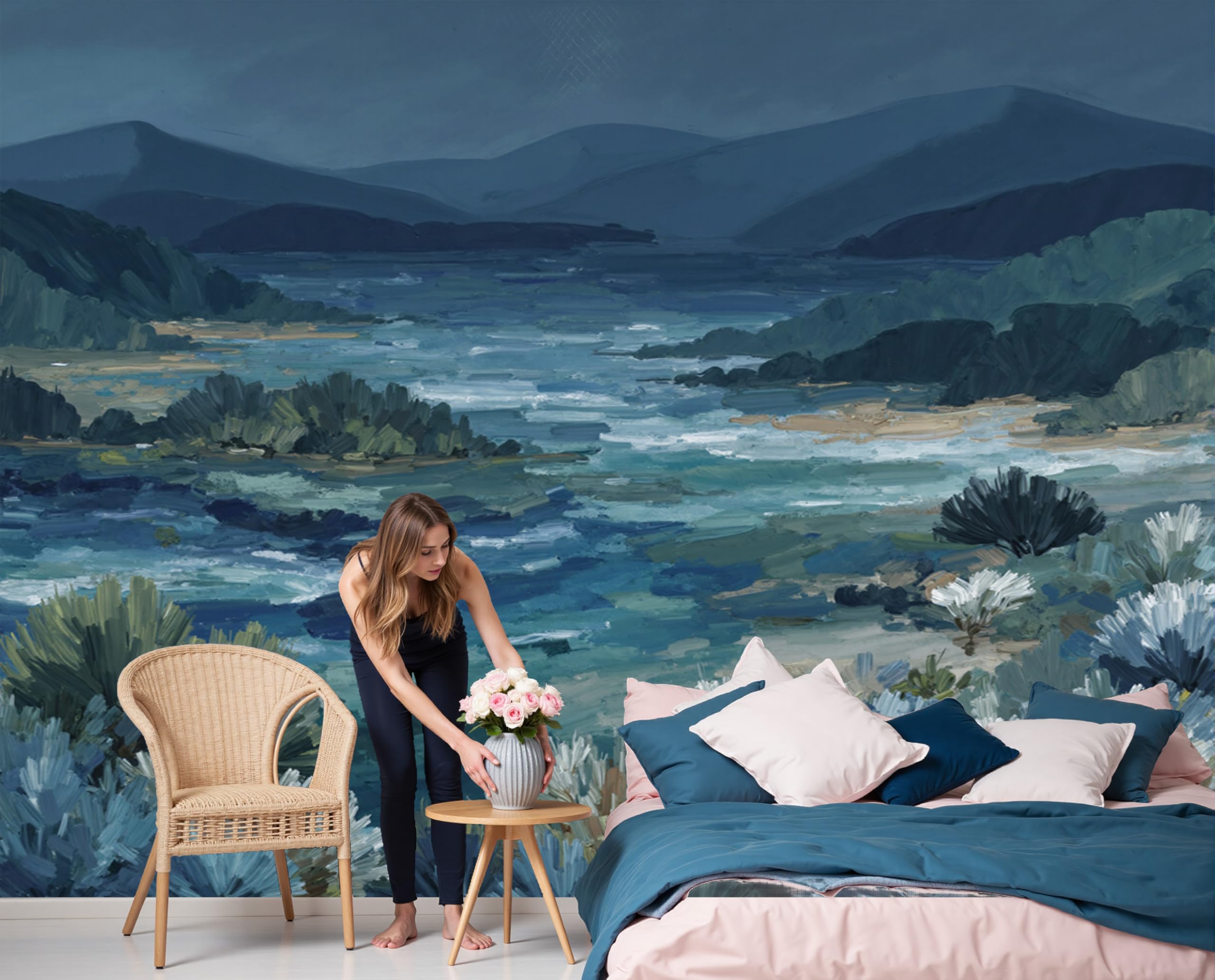 Papier peint panoramique paysage abstrait fresque murale mer et collines