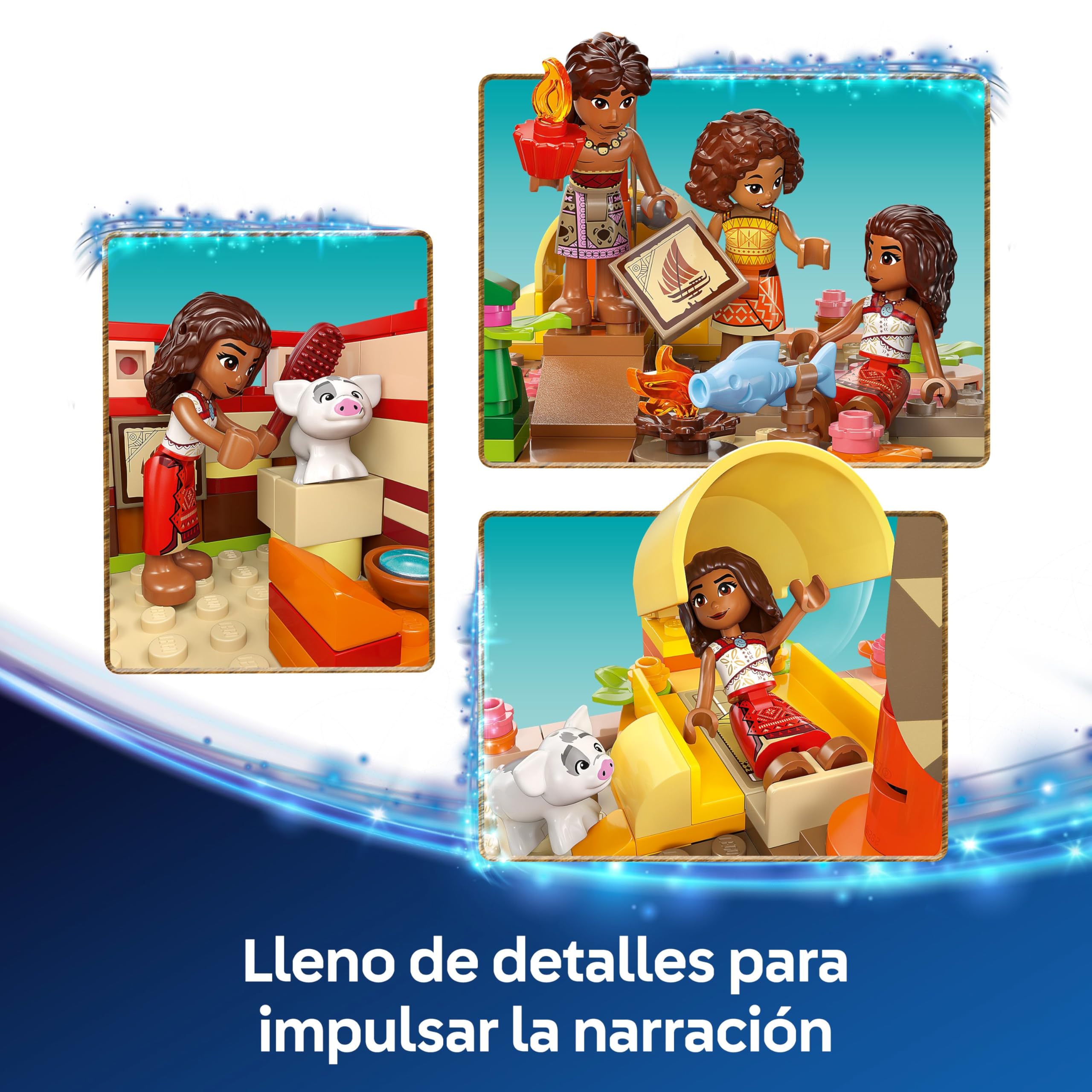 LEGO | Disney Vaiana 2 Canoa de Aventuras de Vaiana - Barco de Juguete con Vela Textil, Hoguera, 3 Mini Muñecos Inc. Loto y Moni y Cerdito Púa - Regalo Creativo para Niñas de 6+ Años y Fans 43270