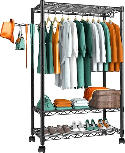 Perchero de ropa resistente, perchero de ropa independiente, armario portátil con 3 estantes de alambre ajustables, 1 gancho lateral y 1 barra de