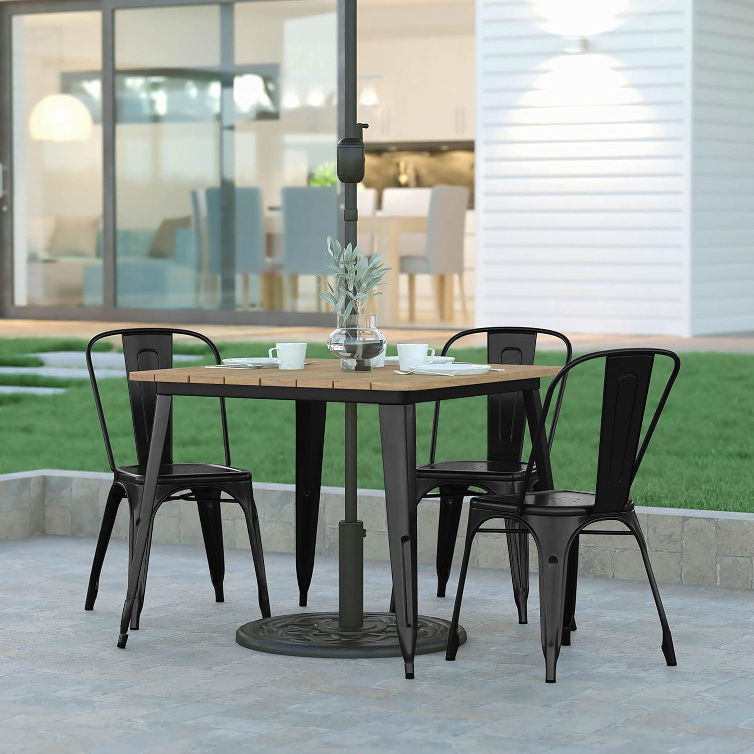 EMMA + OLIVER Drew Dining Table with Umbrella Hole - Brown 36" Square Poly Resin Table Top - Black Steel Base - All-Weather for Indoor/Outdoor Use
