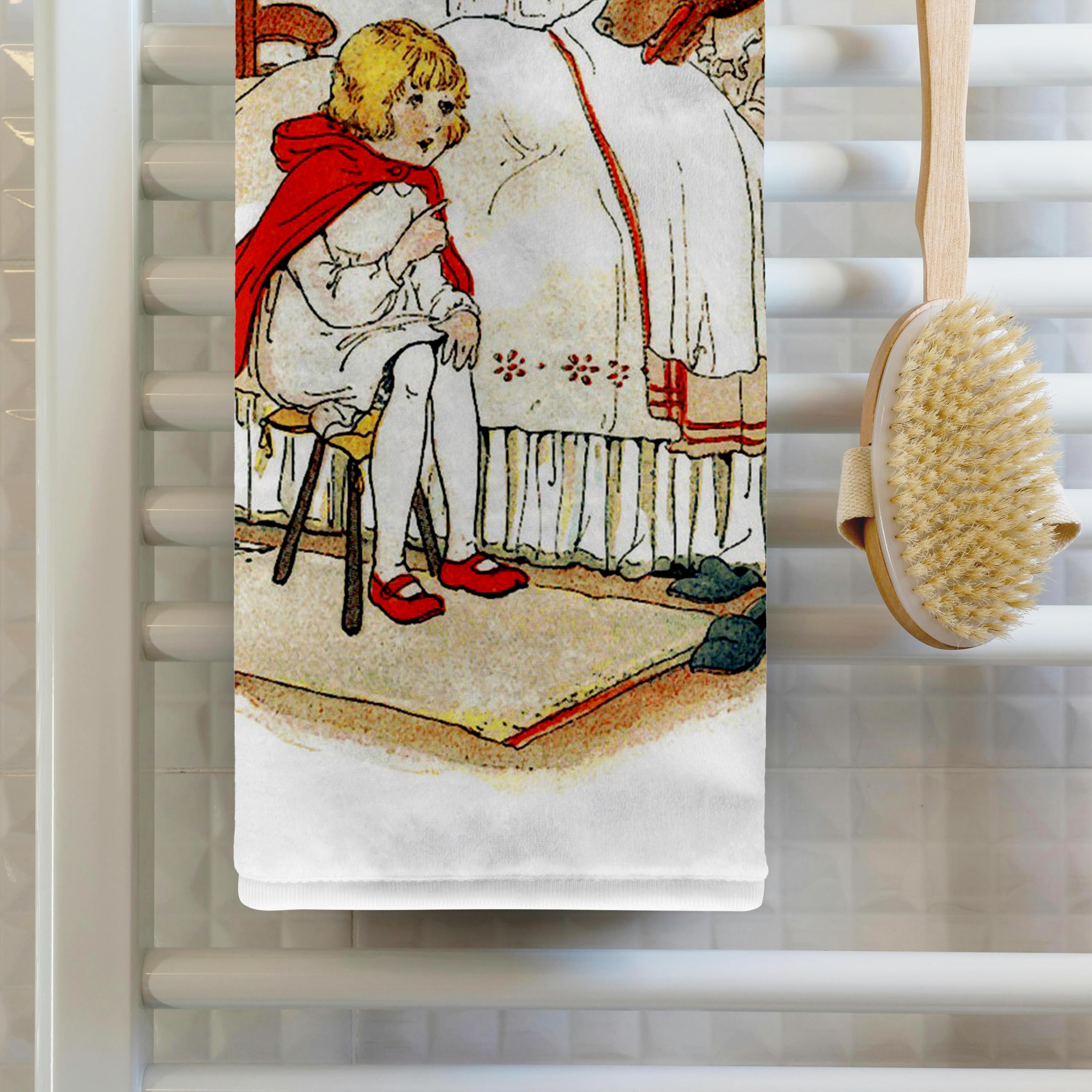 3dRose 15x22 Hand Towel - Vintage Red Riding Hood Meets The Wolf Nursery Rhymes n Fairytales