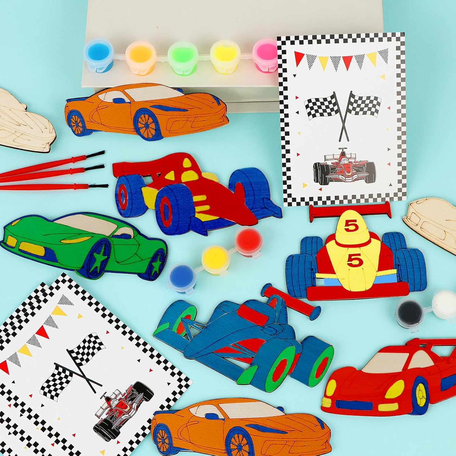 LARDUX 24PCS Race Car Party Favors, DIY Wooden Cars Party Favors Painting Kit, Glow-in-the-Dark Arts & Crafts Birthday Decorations & Goodie Bag Stuffers for Kids Boys & Girls