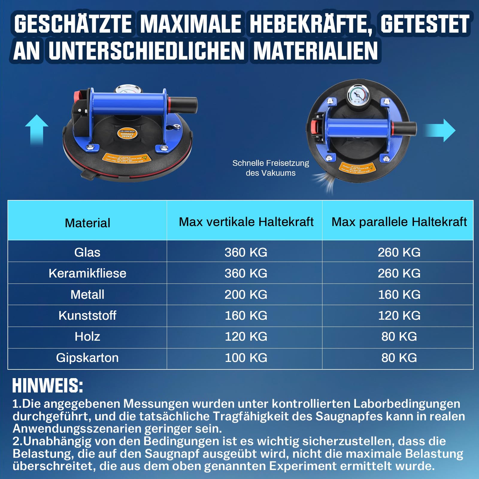 Zestaw 2 podnośników ssących o średnicy 20 cm (20 cm), uchwyt przyssawkowy z manometrem, nośność 360 kg, metalowy uchwyt, podnośnik próżniowy do płytek, płytek, marmuru, w zestawie skrzynka na