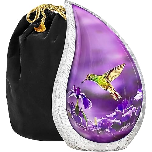 Trupoint Memorials Cremation Urns for Human Ashes Adult Female, Decorative Burial Urn for Men & Women – Large, Purple Hummingbird Teardrop