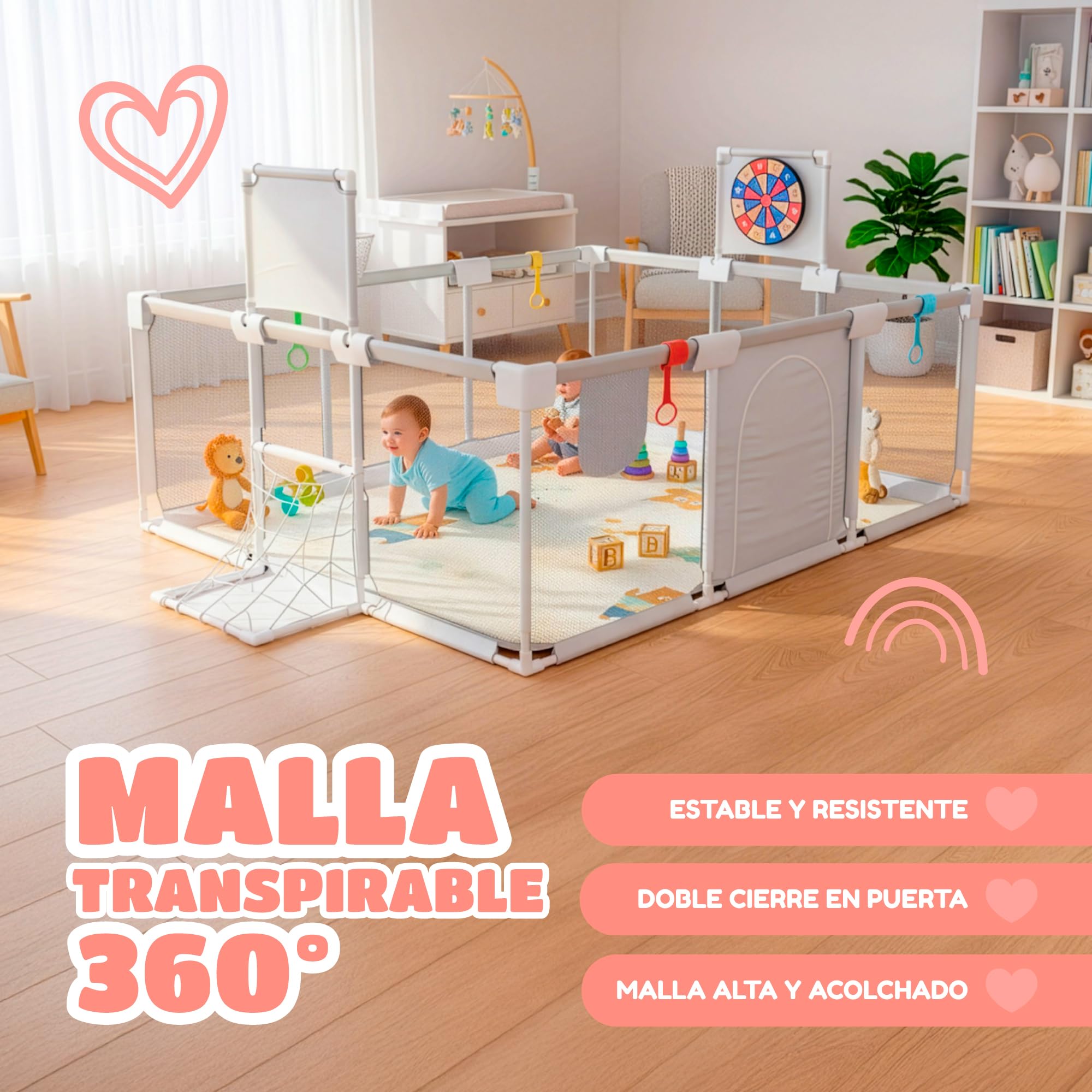 Parque Infantil Bebe 120x180cm - Corralito Bebe Acolchado - Equipado con alfombra musical, Diana de Velcro, Canasta, Portería y más accesorios - Parque para Bebes Seguro - Ver video para el montaje