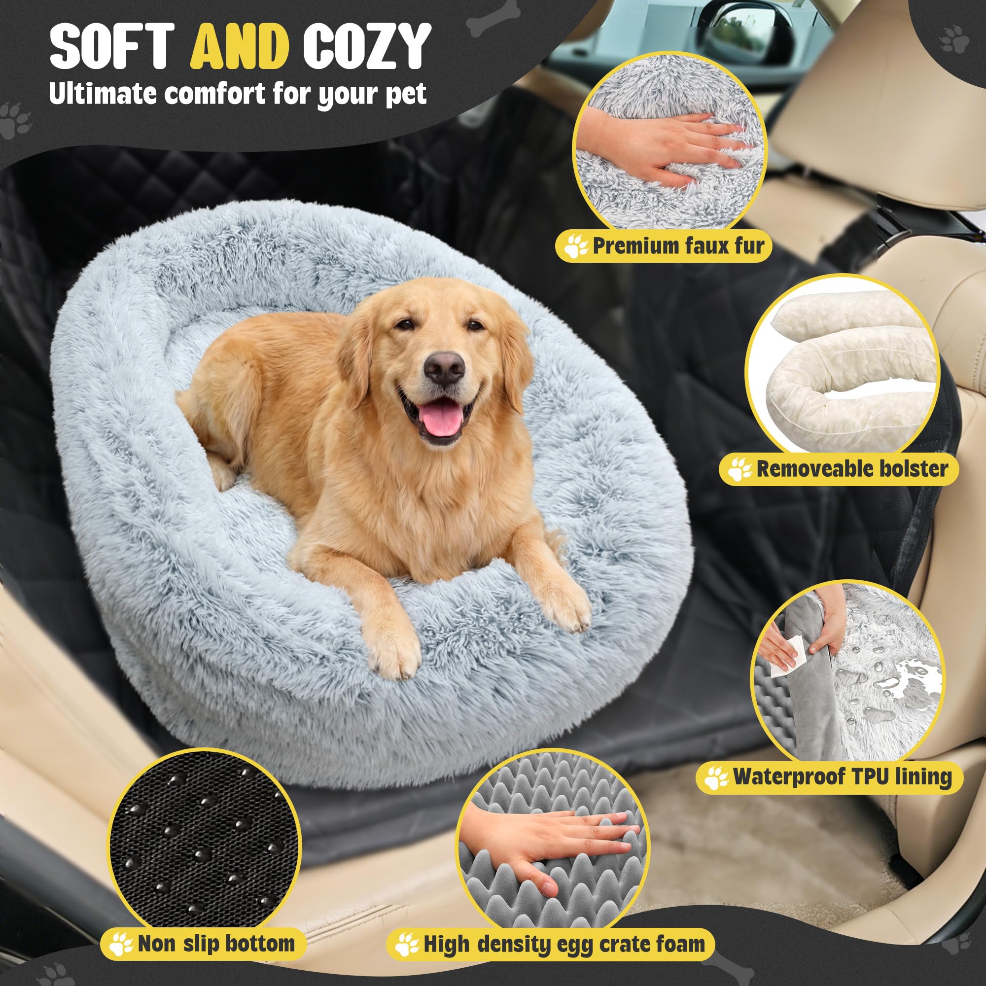 Perro Grande Coche Asiento, Suave Cuscino Coche Perros, Enorme Cama Acolchada Para Perro, Alfombrilla Extraíble Impermeable y Lavable, Suave y Antideslizante Asiento Trasero y Maletero, Gris Claro